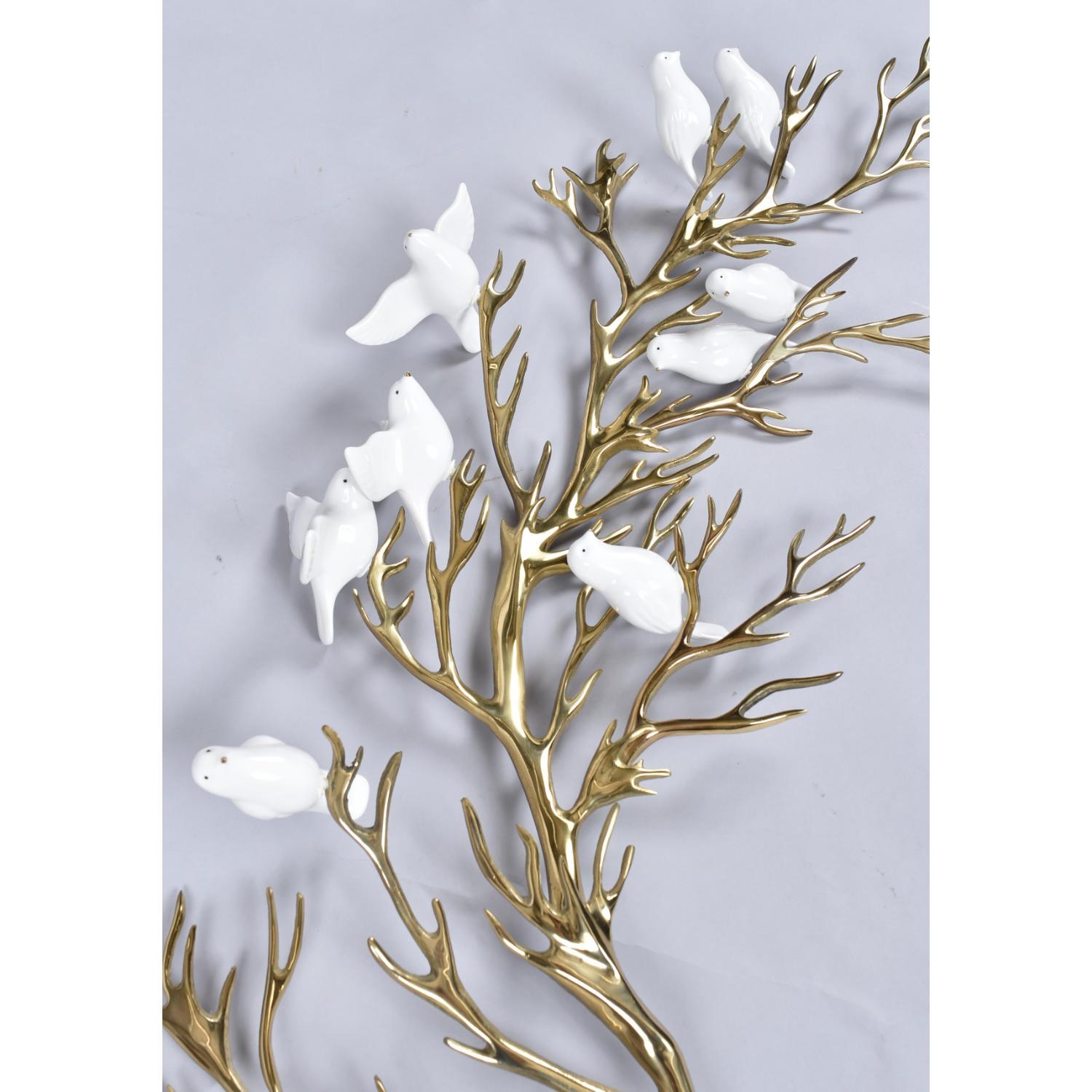 Bijan 1980 Gold Brass Tree Branch Wall Sculpture with Porcelain White Birds In Excellent Condition In Chattanooga, TN