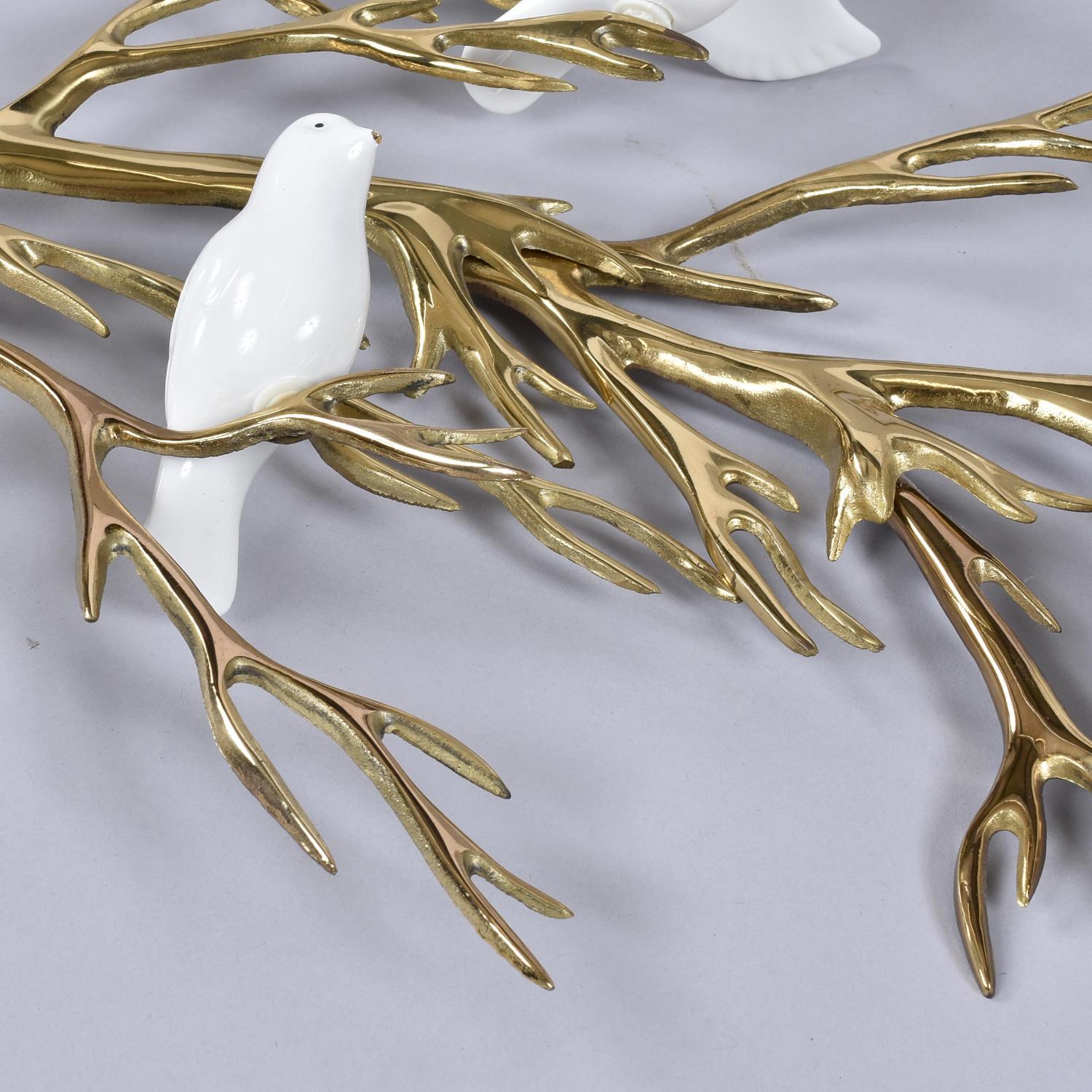 Late 20th Century Bijan 1980 Gold Brass Tree Branch Wall Sculpture with Porcelain White Birds