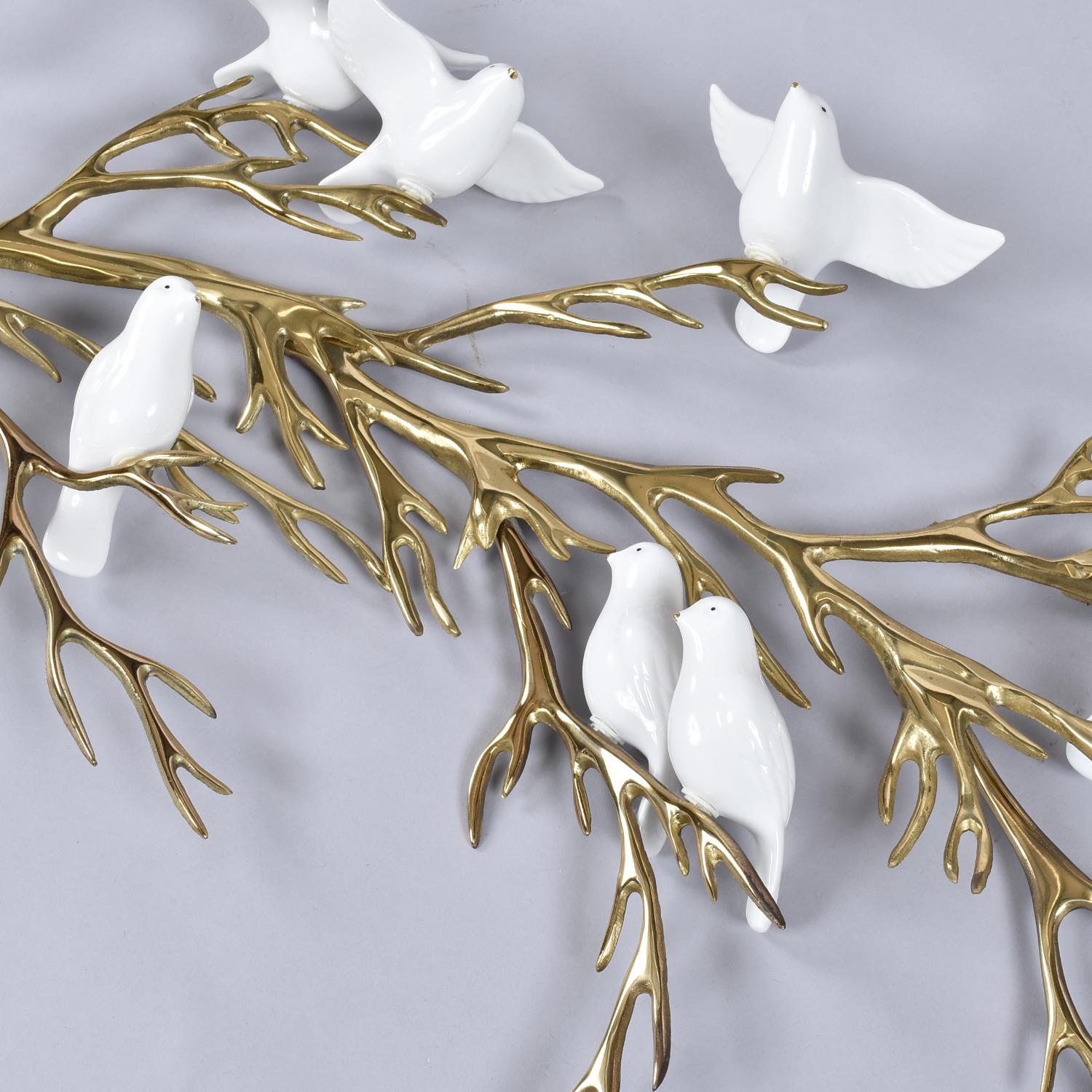 Bijan 1980 Gold Brass Tree Branch Wall Sculpture with Porcelain White Birds 1