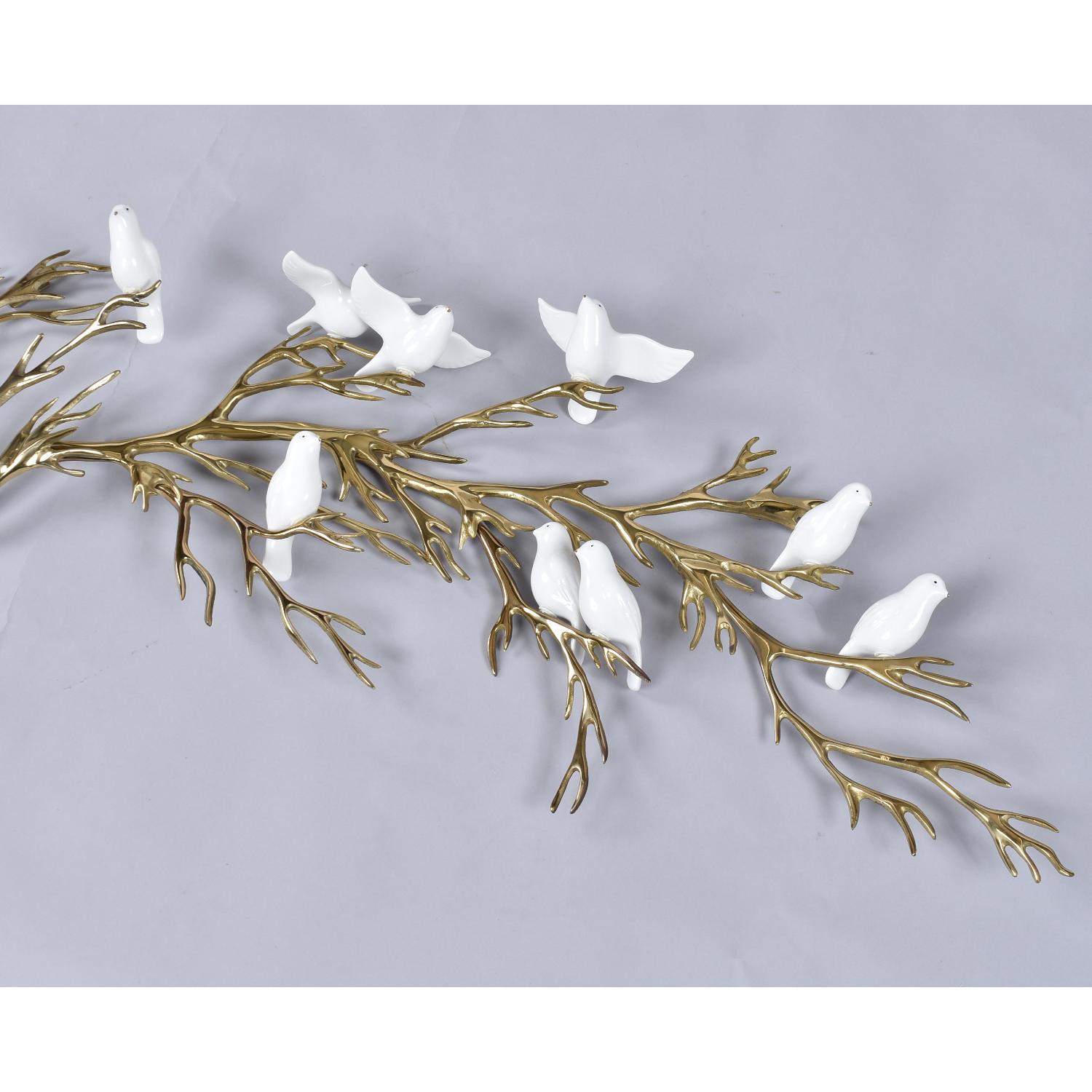 Bijan 1980 Gold Brass Tree Branch Wall Sculpture with Porcelain White Birds 2
