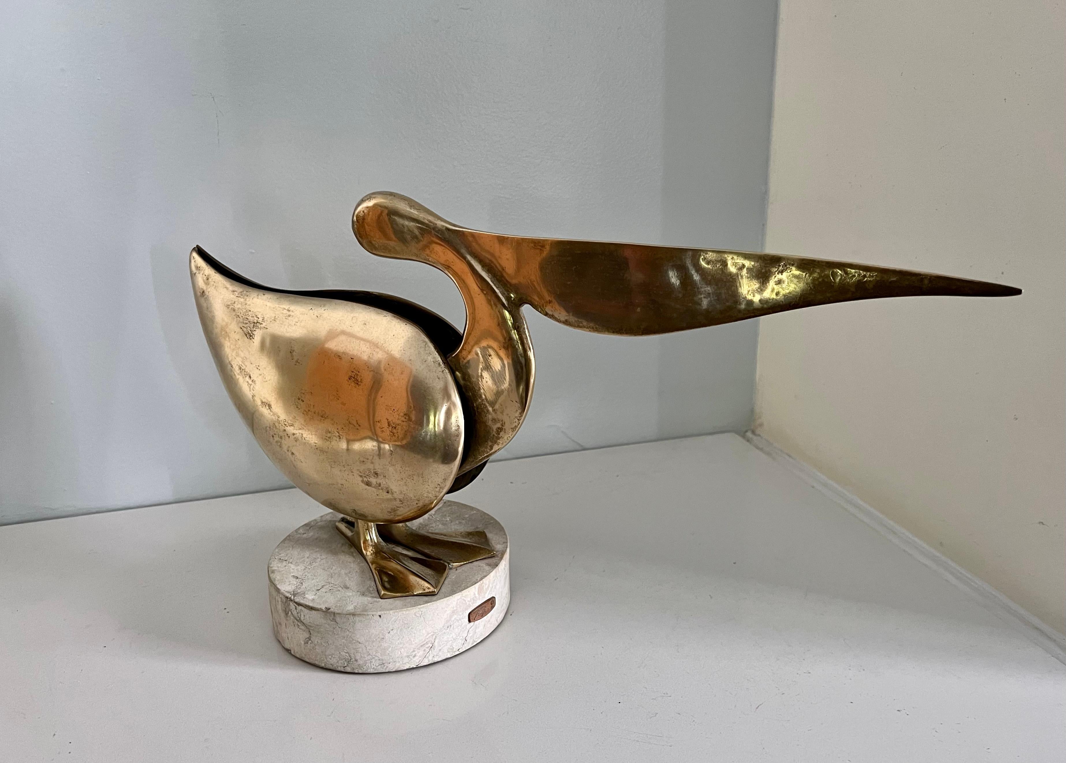 Bijan Brass Pelican Statue with Marble Base In Good Condition In Los Angeles, CA