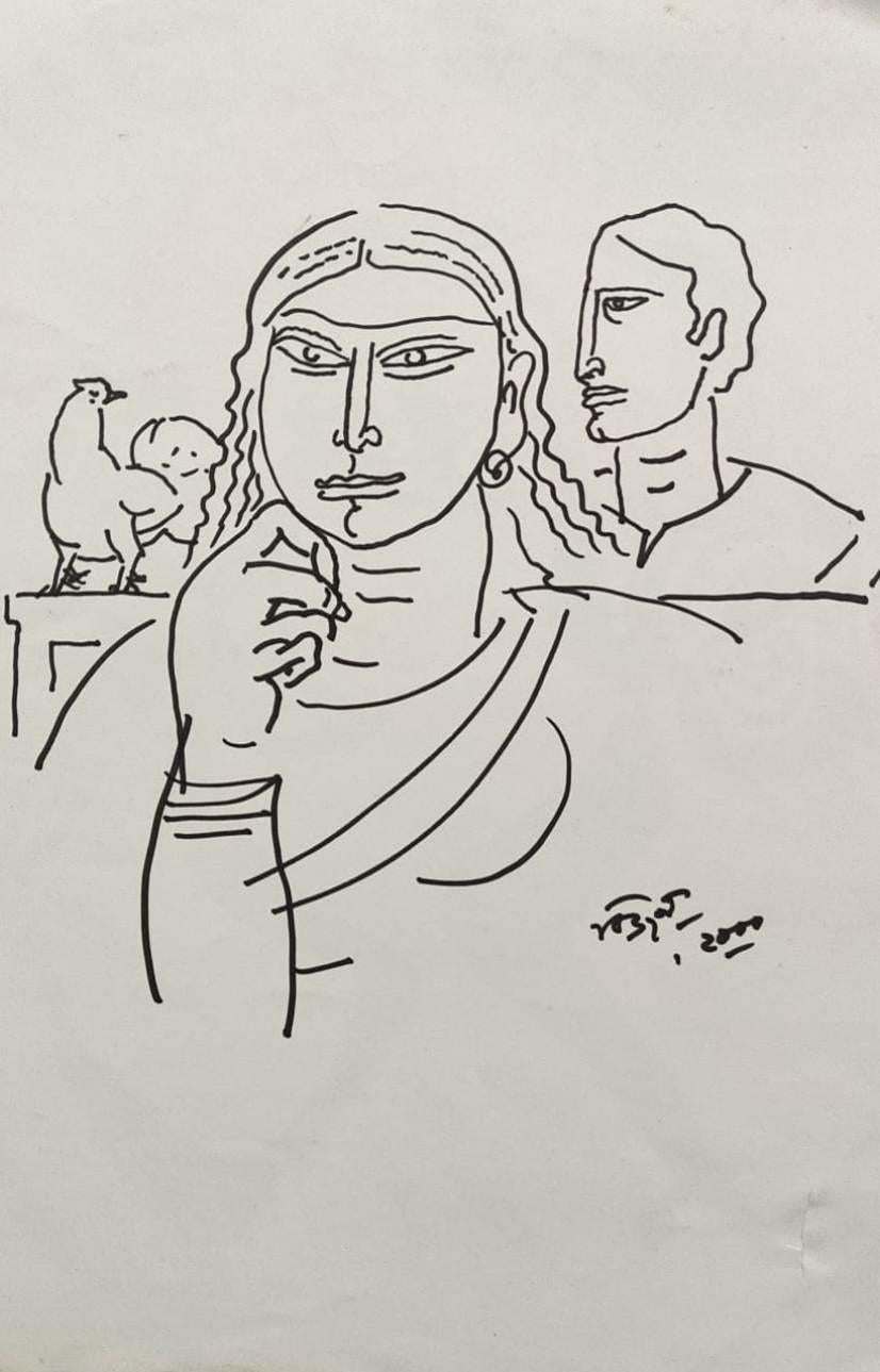 Bijan Choudhury Figurative Painting - Untitled, Ink on Paper, Black, White by Modern Indian Artist "In Stock"
