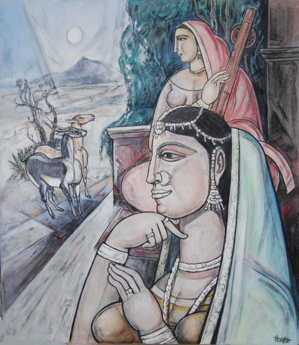 Sans titre, technique mixte sur toile, rouge, bleue de l'artiste indien moderne « En stock »
