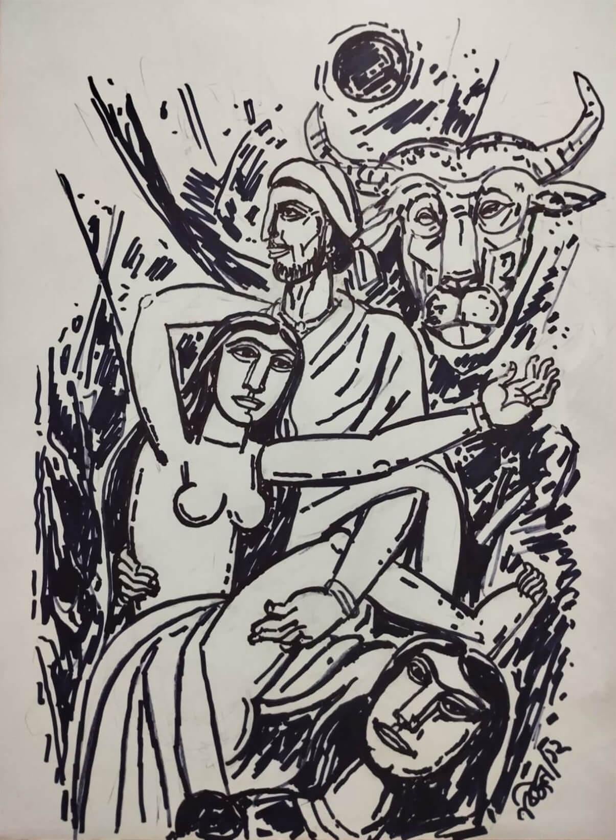 Untitled, Mixed Media on Paper, by Modern Indian Artist Bijan Chowdhury-In Stock