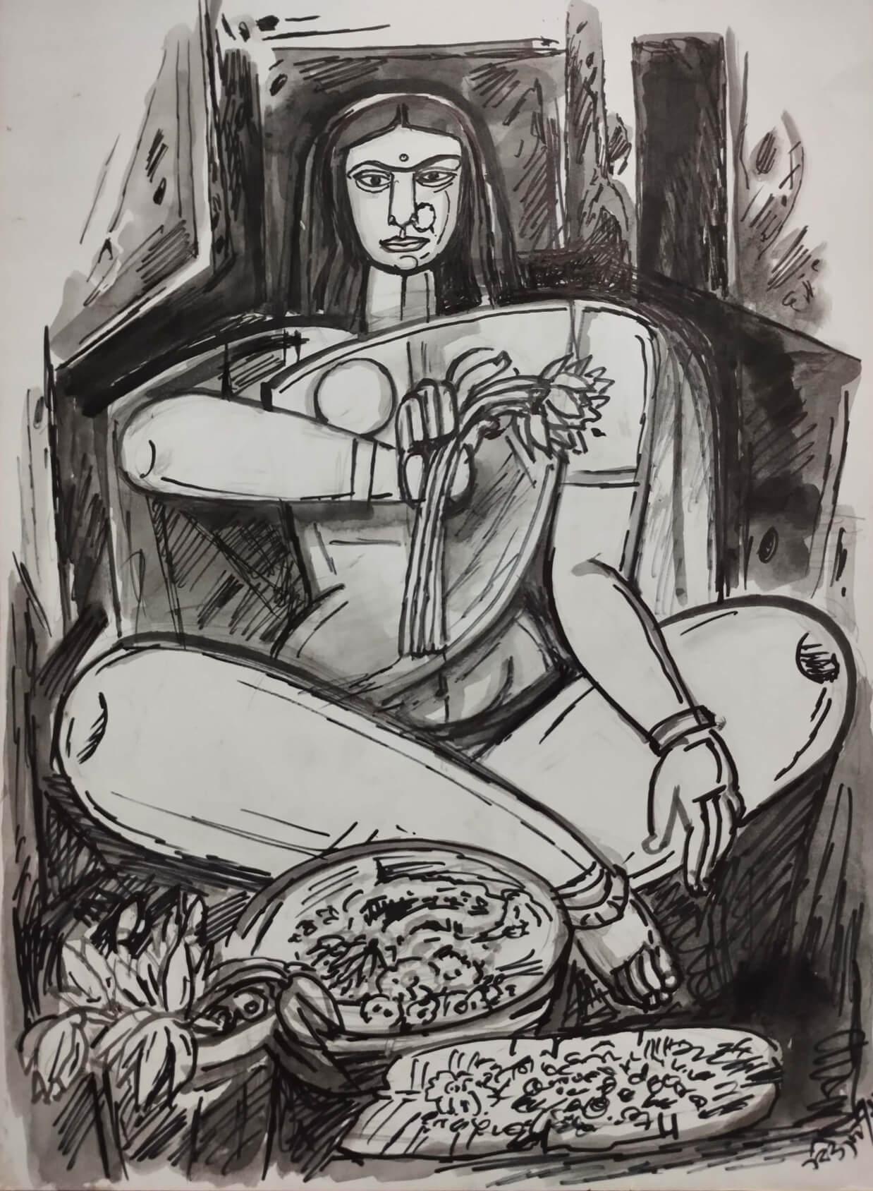 Untitled, Mixed Media on Paper, by Modern Indian Artist Bijan Chowdhury-In Stock