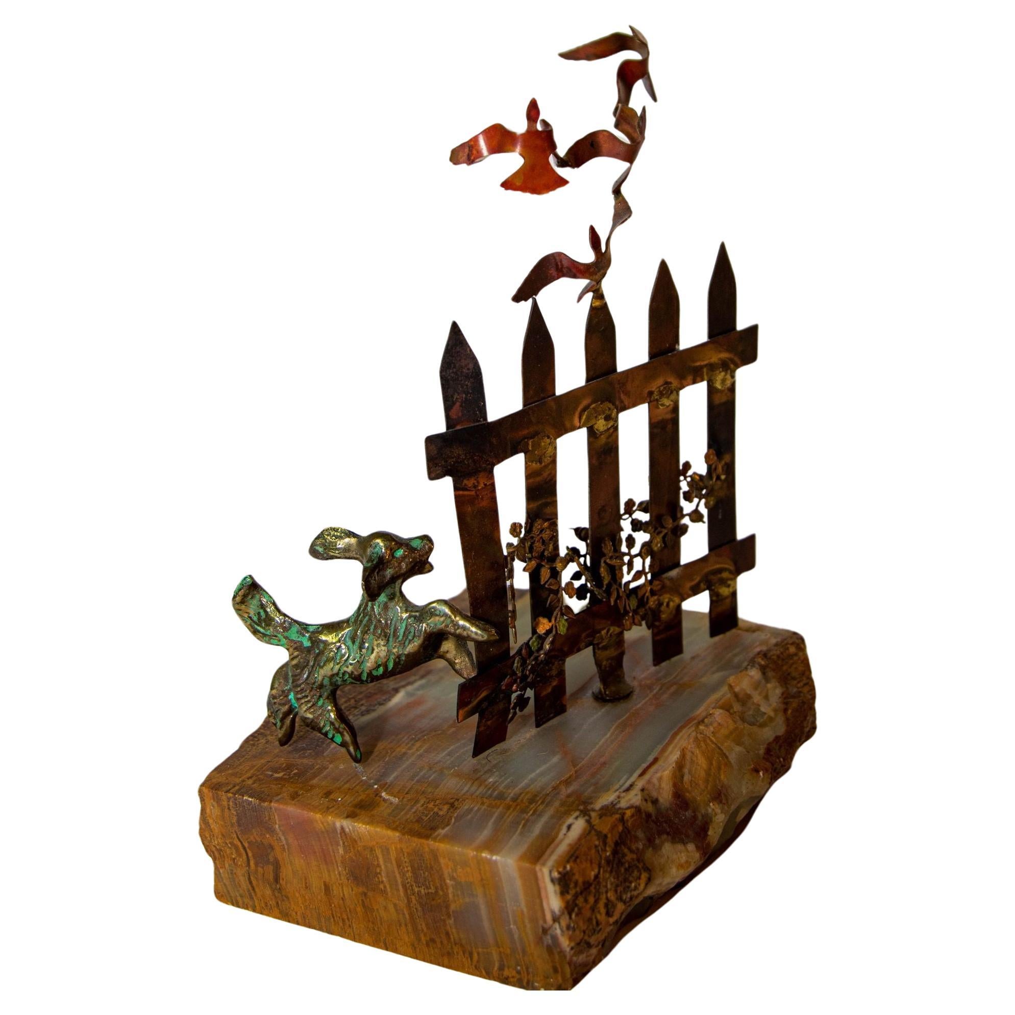 BIJAN Metal Sculpture Dog with Birds Pursuit Copper and Brass on Stone Base