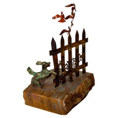 BIJAN Metal Sculpture Dog with Birds Pursuit Copper and Brass on Stone Base