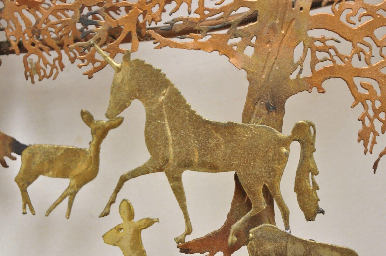 Bijan Mid Century Brutalist Copper Brass Wall Art Sculpture Unicorn Deer Trees In Good Condition For Sale In Philadelphia, PA