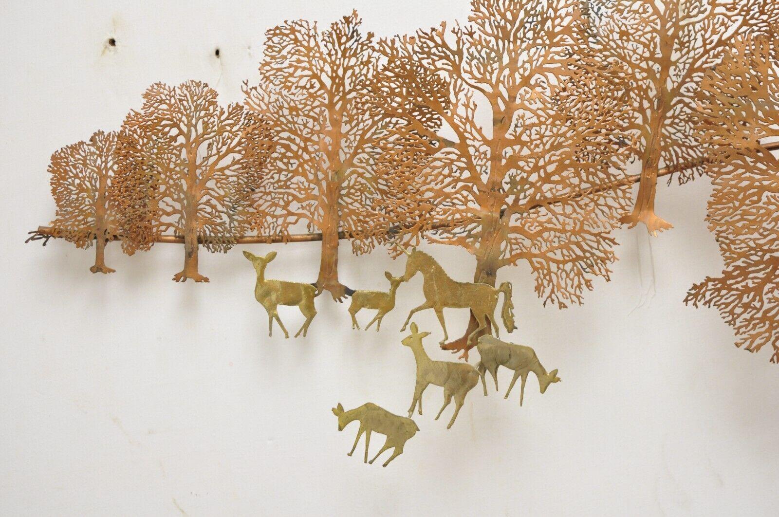 Bijan Mid Century Brutalist Copper Brass Wall Art Sculpture Unicorn Deer Trees For Sale 1