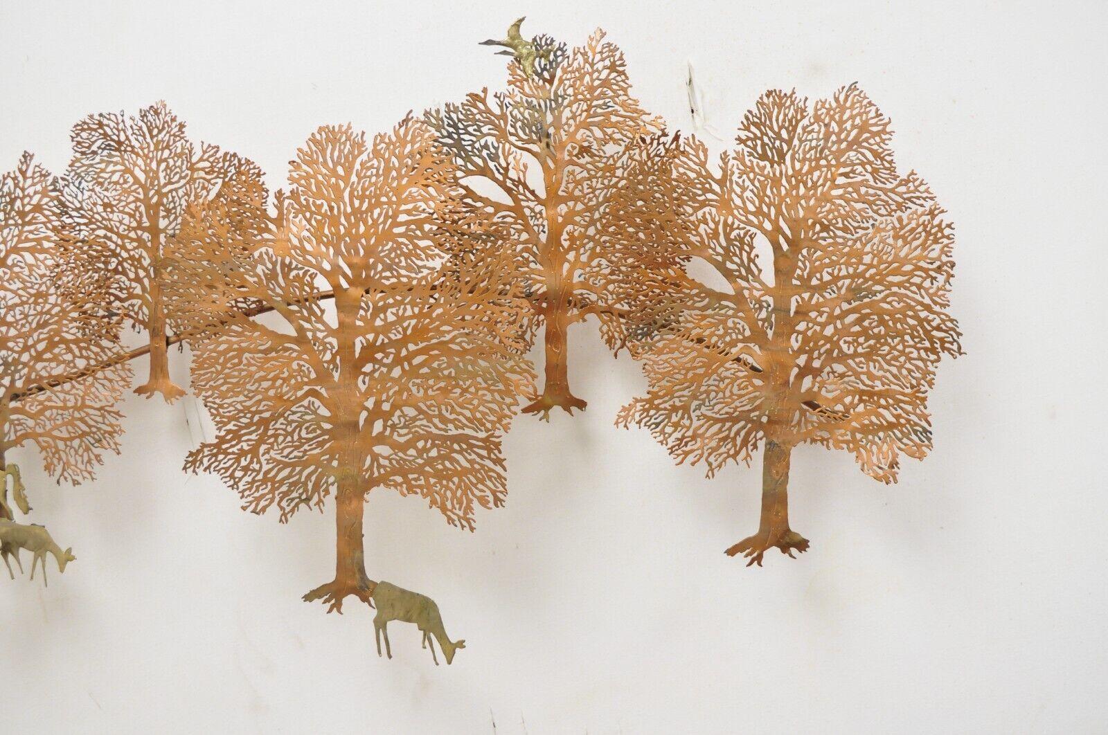 Bijan Mid Century Brutalist Copper Brass Wall Art Sculpture Unicorn Deer Trees For Sale 2