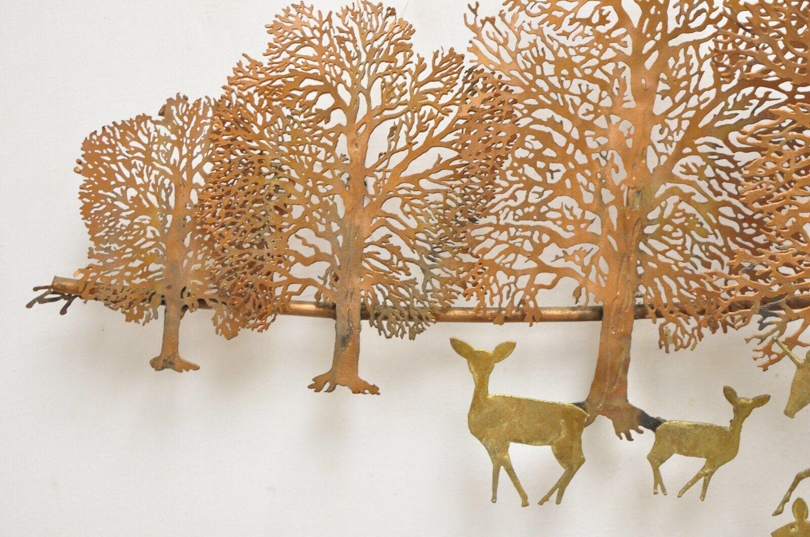 Bijan Mid Century Brutalist Copper Brass Wall Art Sculpture Unicorn Deer Trees For Sale 3