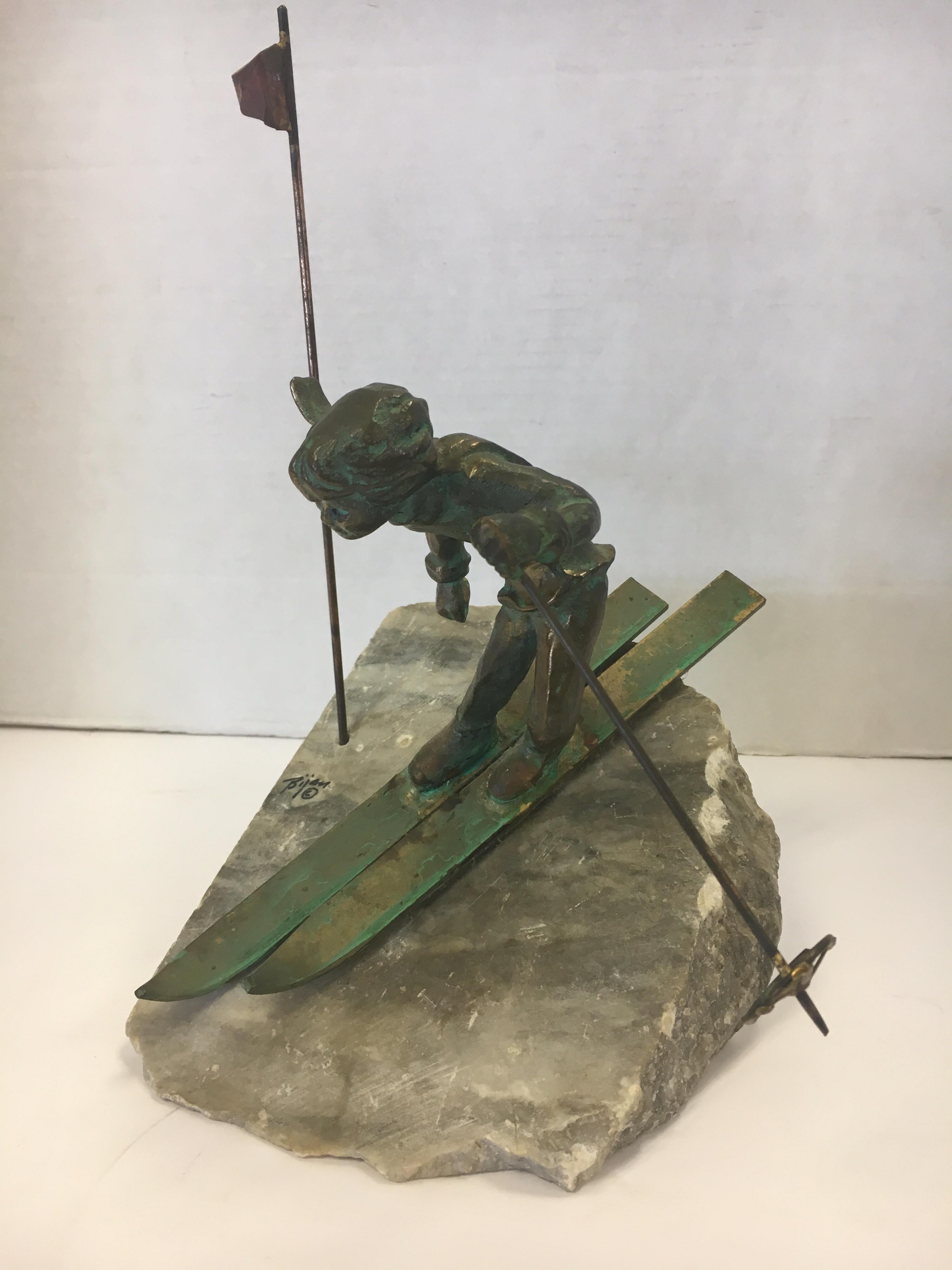 Bijan Signed Brass Brutalist Table Sculpture Skier Ski 5