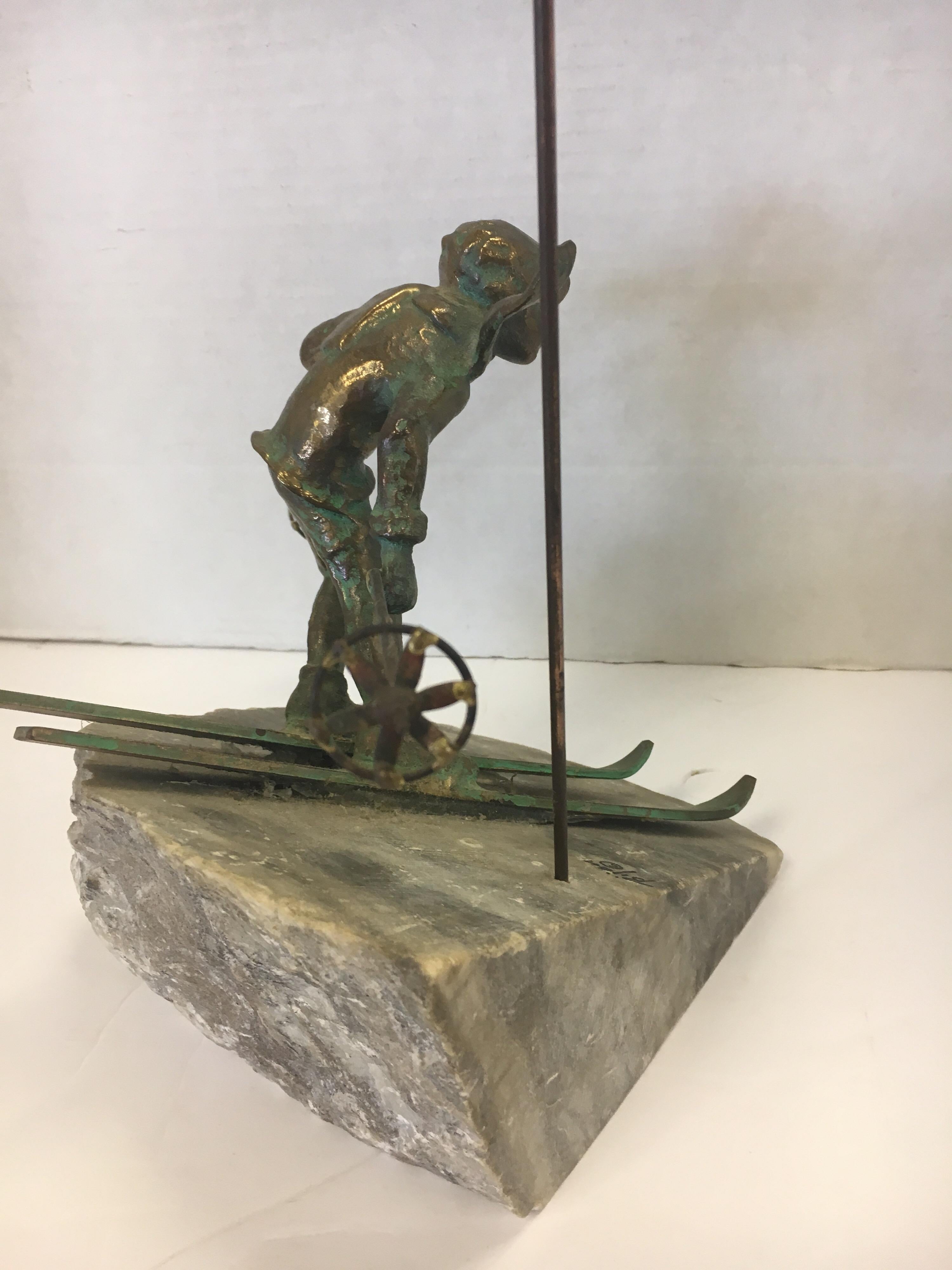 Bijan Signed Brass Brutalist Table Sculpture Skier Ski 2