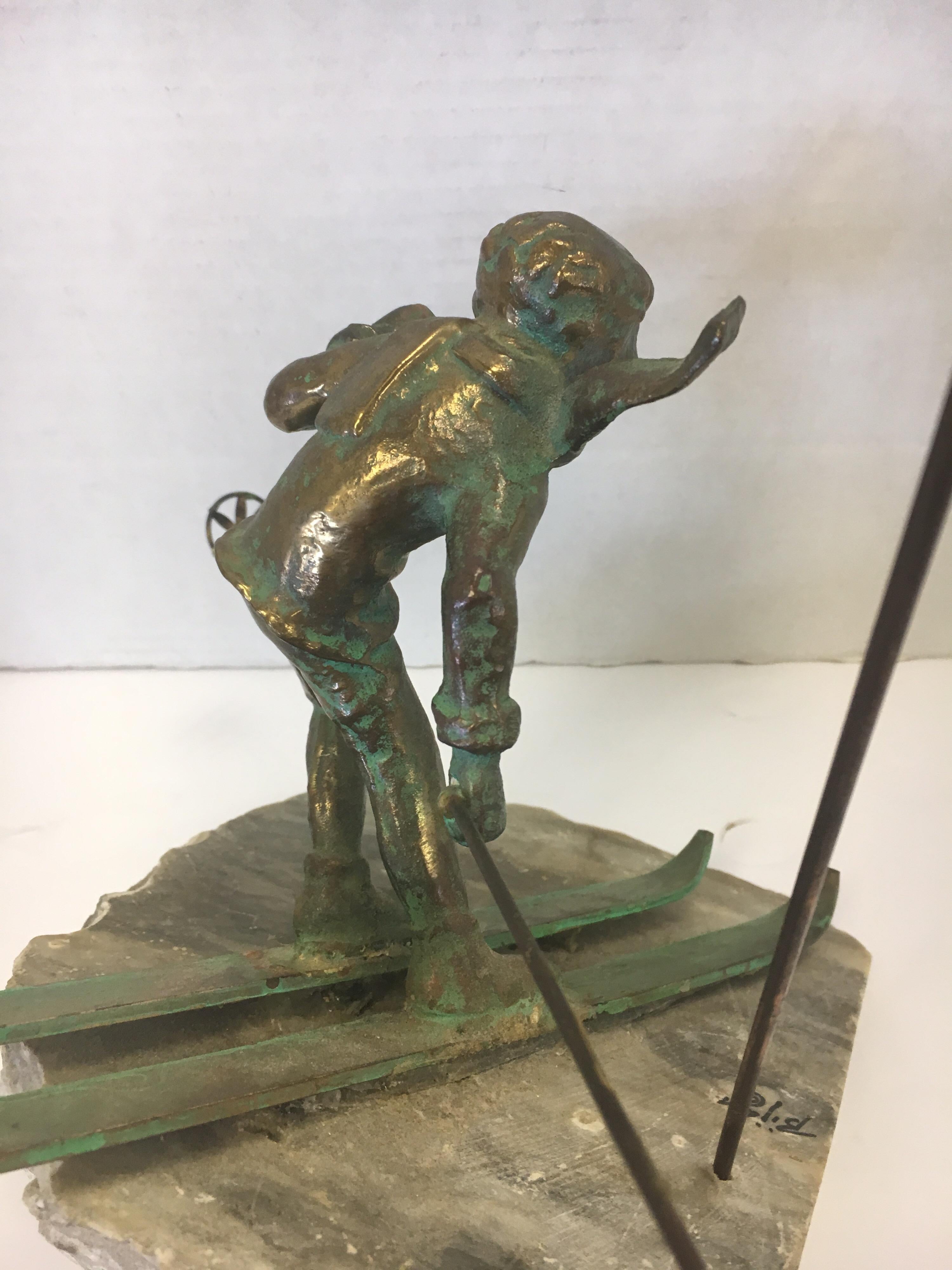 Bijan Signed Brass Brutalist Table Sculpture Skier Ski 2
