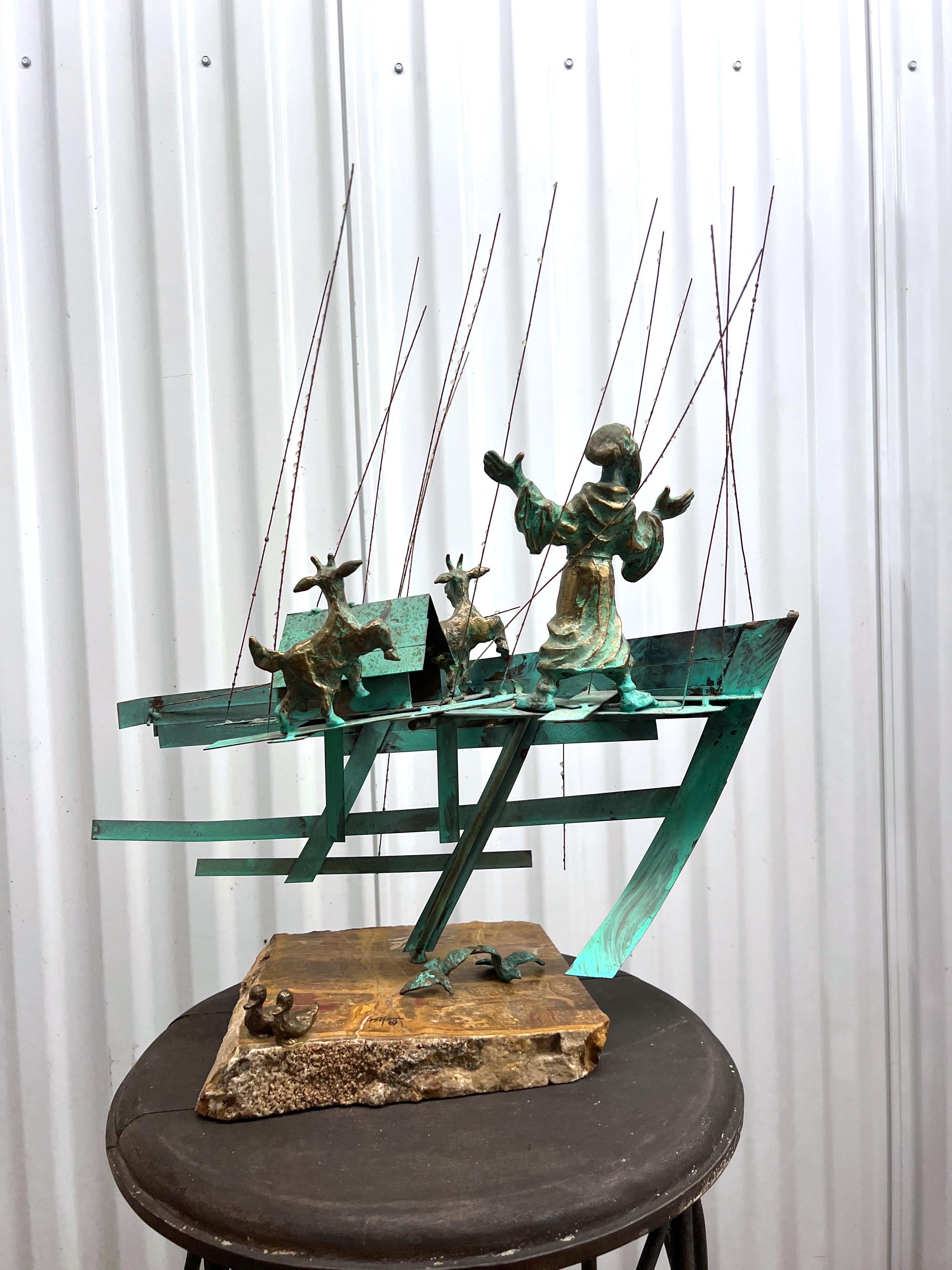 Bijan Signed Metal Art Sculpture of Man on Boat with Goats For Sale 4