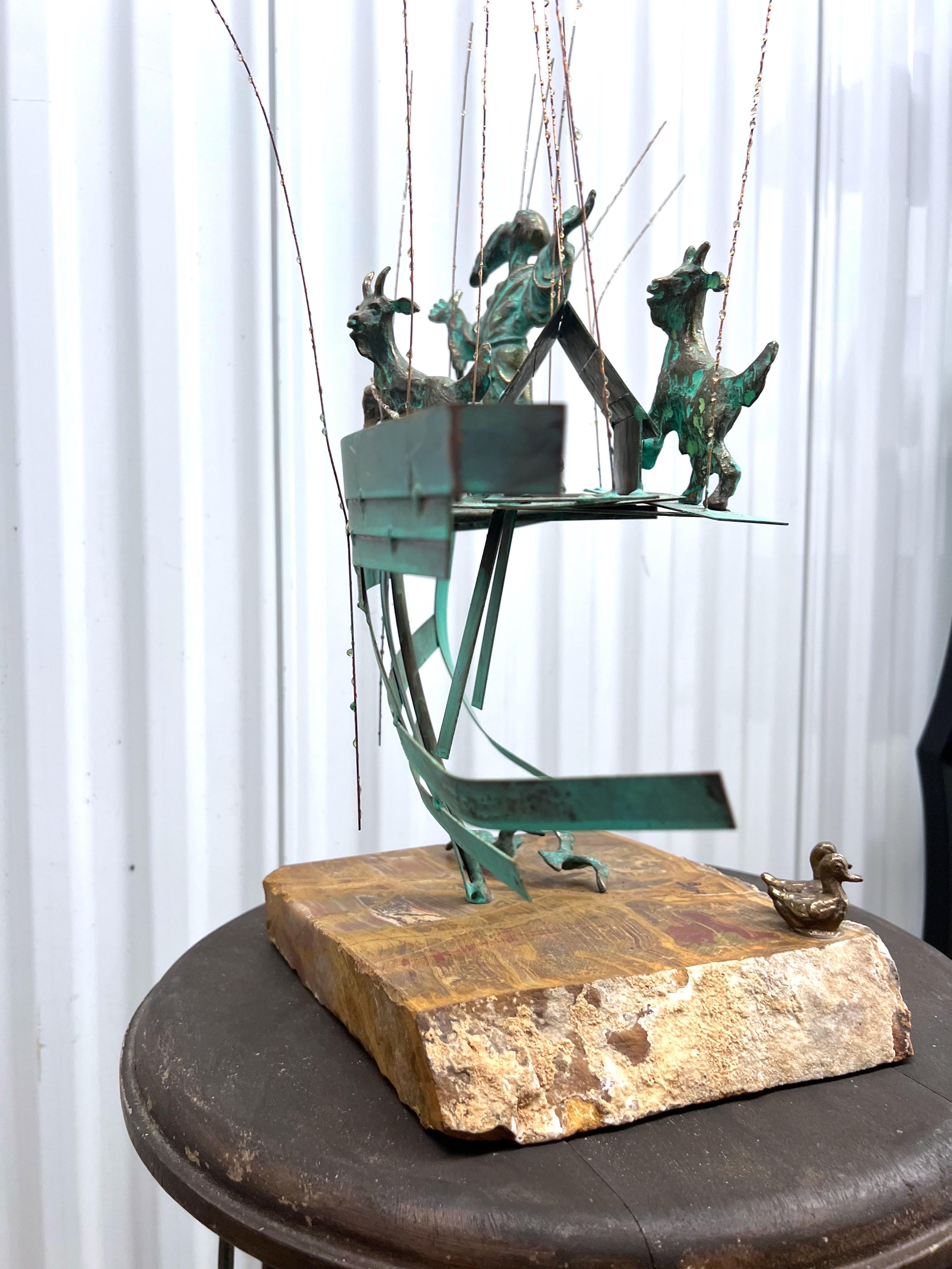 Bijan Signed Metal Art Sculpture of Man on Boat with Goats For Sale 7
