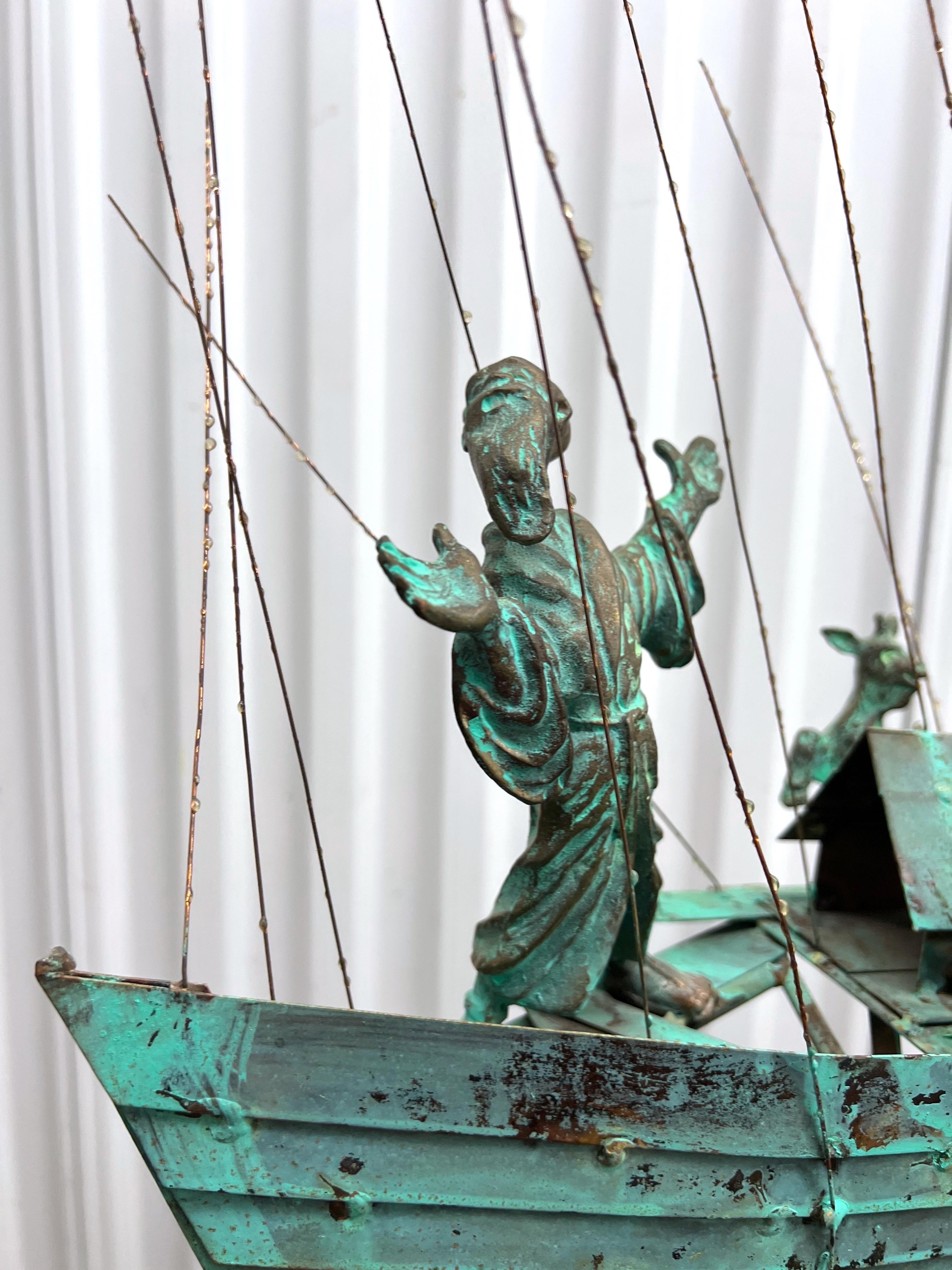 American Bijan Signed Metal Art Sculpture of Man on Boat with Goats For Sale