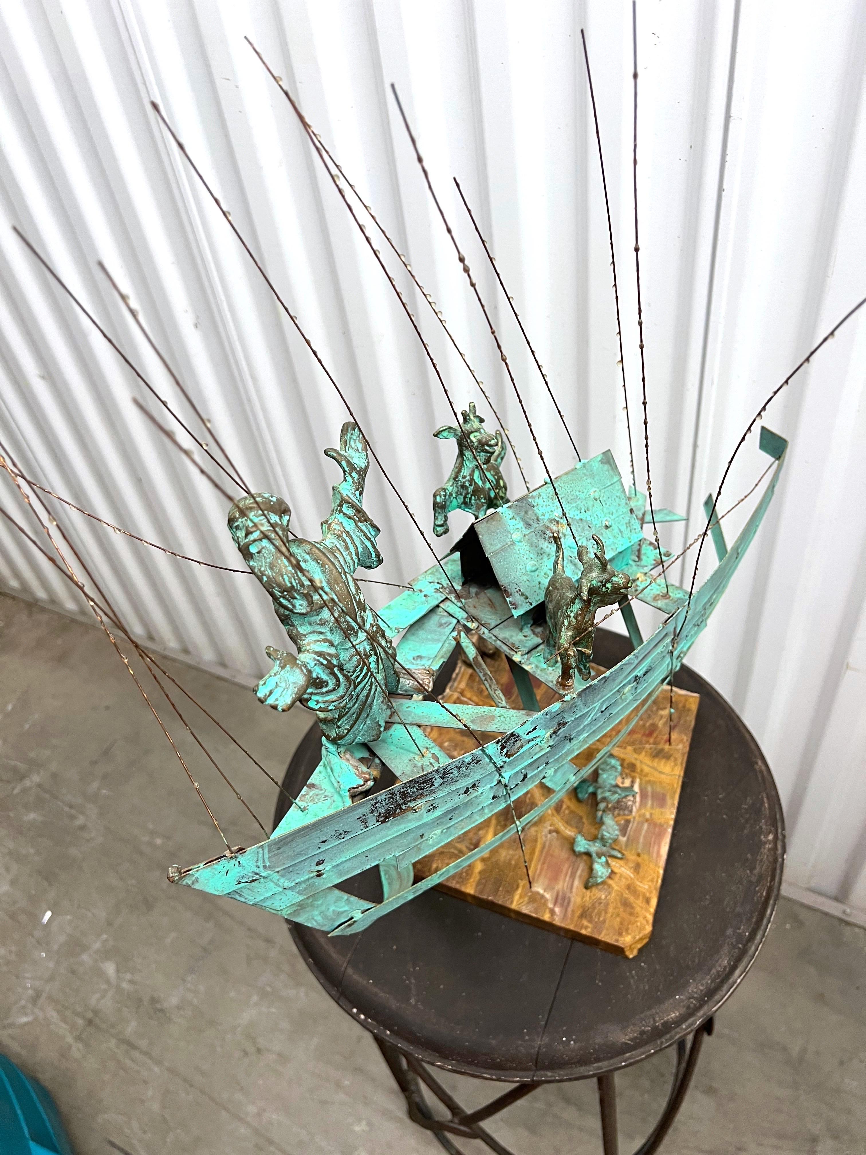 Bijan Signed Metal Art Sculpture of Man on Boat with Goats For Sale 1