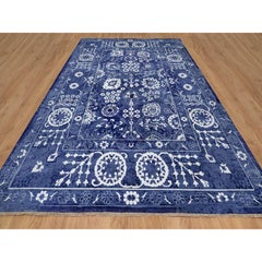 Bijou Alfombra anudada a mano de lana y seda azul Tabriz con diseño de hojas 9'10" x 14'0