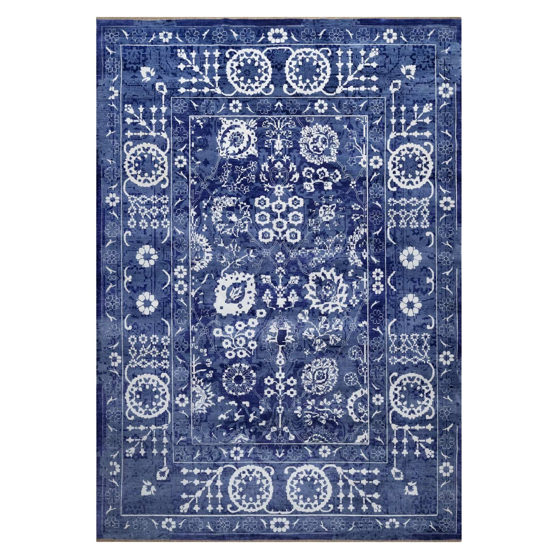 Bijou Tappeto Tabriz blu in lana e seta con disegno di foglie annodato a mano 9'10" x 14'0"