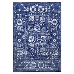 Tapis Bijou bleu Tabriz avec motif de feuilles noué à la main 9'10" x 14'0"