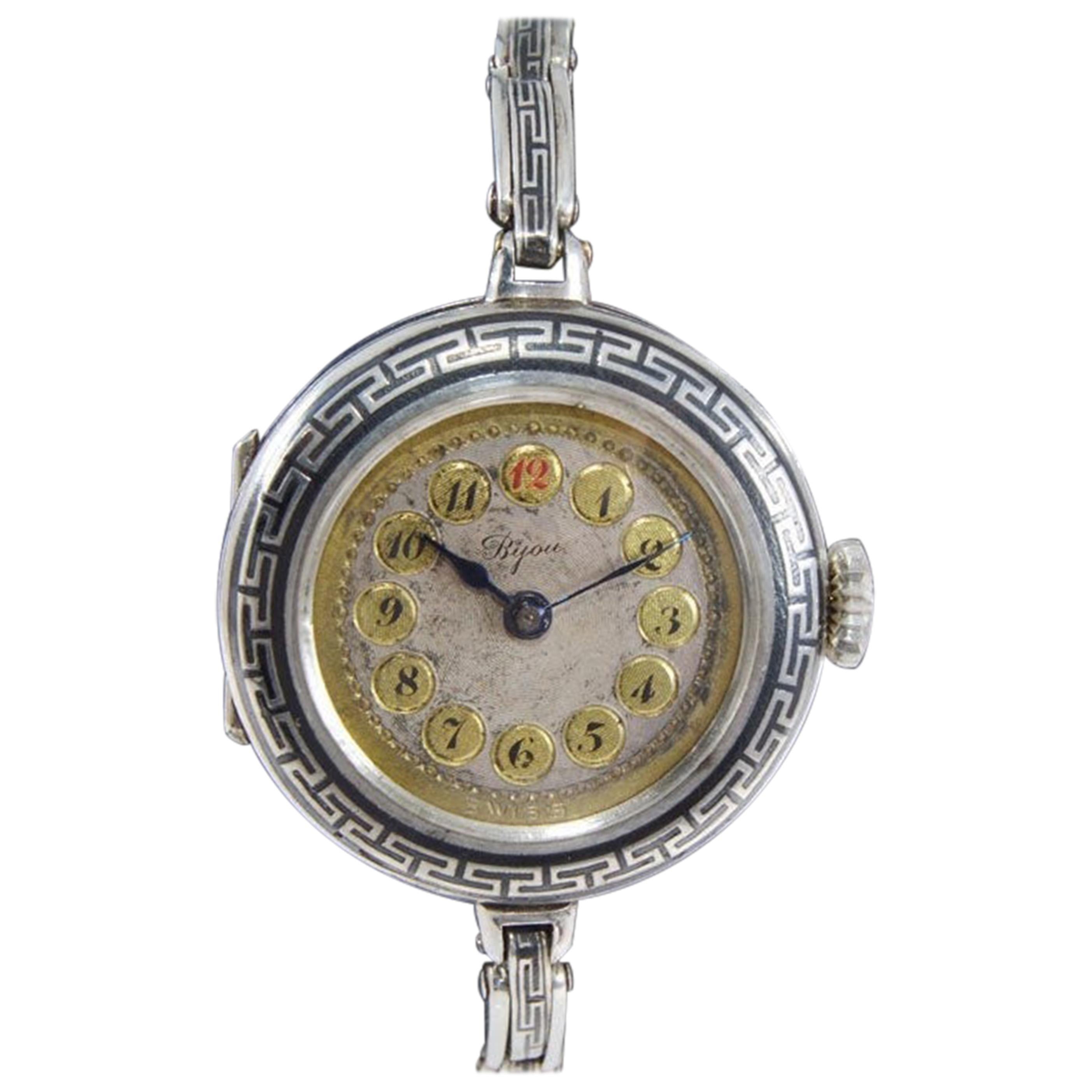 Bijou by Racine Sterling Silver and Niello Ladies Art Deco Wristwatch circa 1915 For Sale