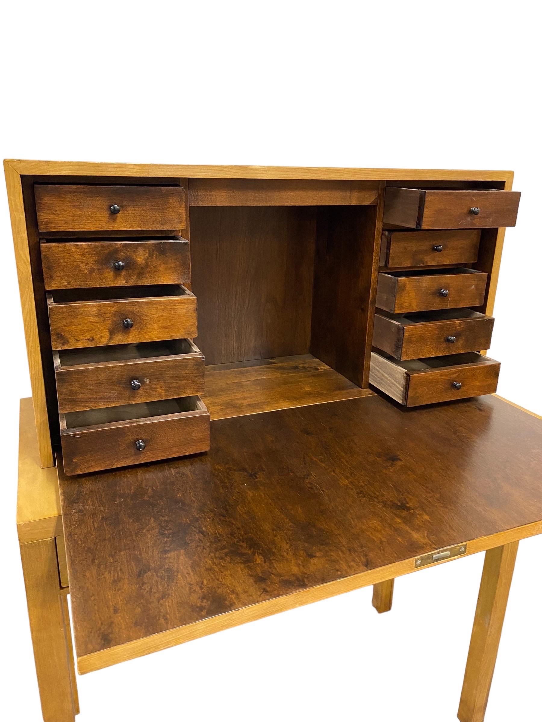 Mid-20th Century Bijou Functionalist Finnish Design Folding Secretaire, Flame Birch, 1940s For Sale