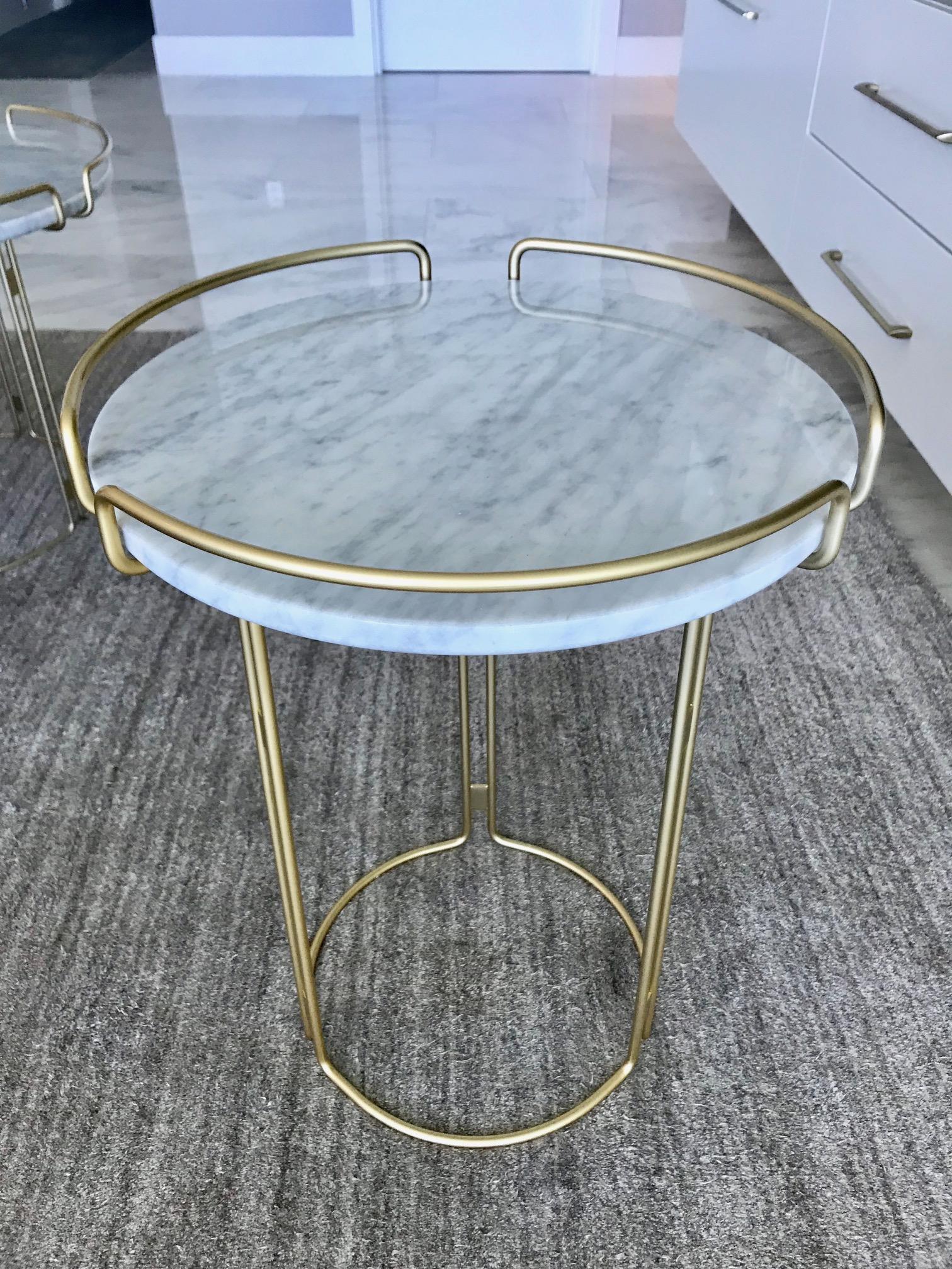 French Bijou Pedestal Table in Marble and Matte Gold by Roche Bobois