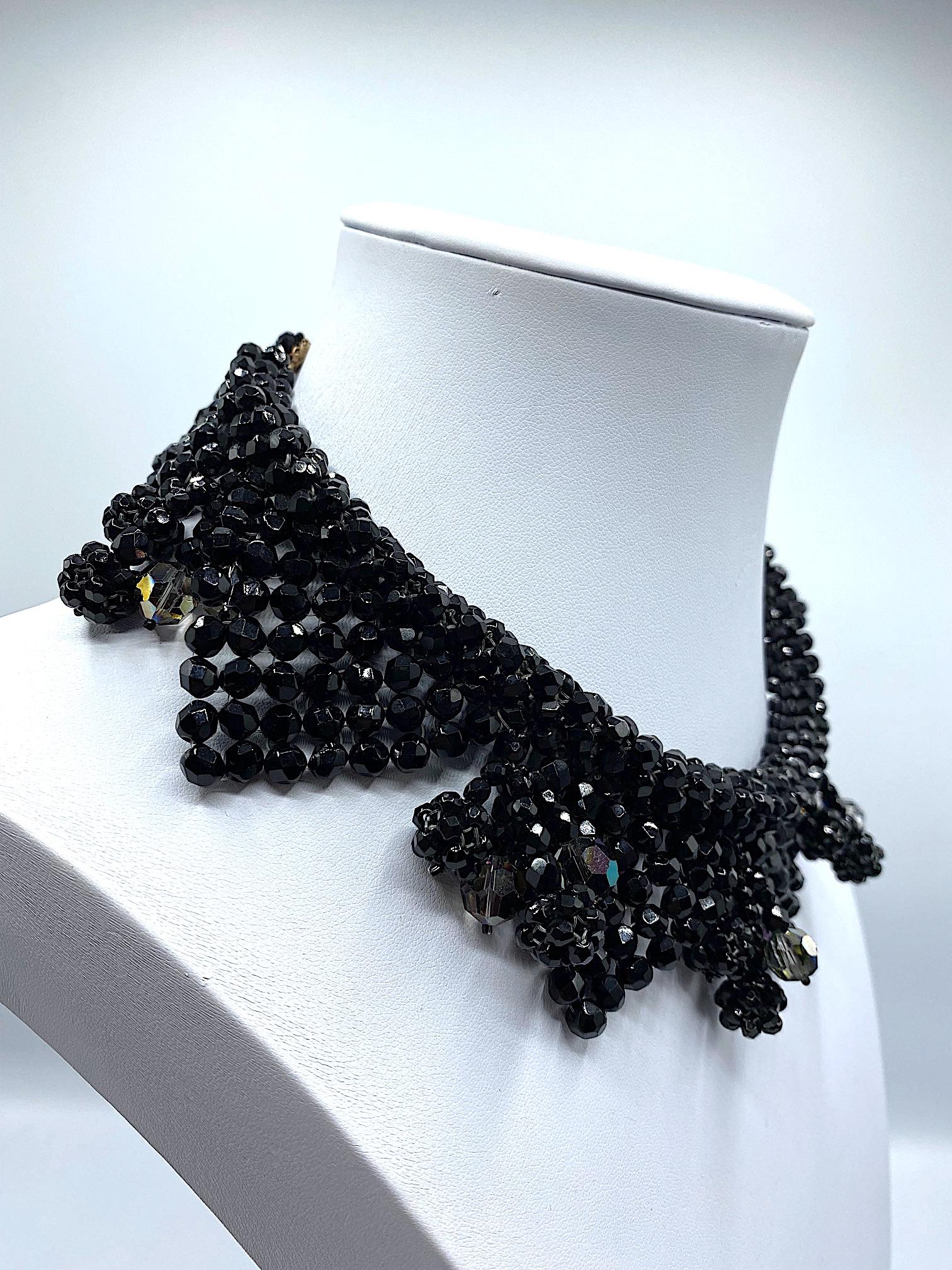 Bijoux Lo.Sa Italian 1950s Black Crystal Bead Woven Necklace 4