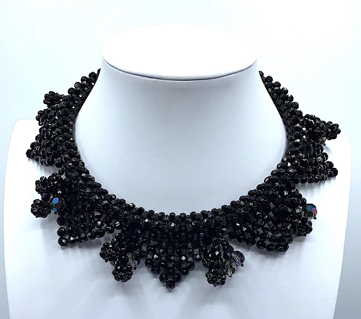 A rare and elegant 1950s woven crystal bead collar necklace by Italian costume jewelry company Bijoux Lo.Sa. Bijoux Lo.Sa has been attributed as the manufacturer for many of the prototypes of jewelry designed by Italian fashion jewelry company