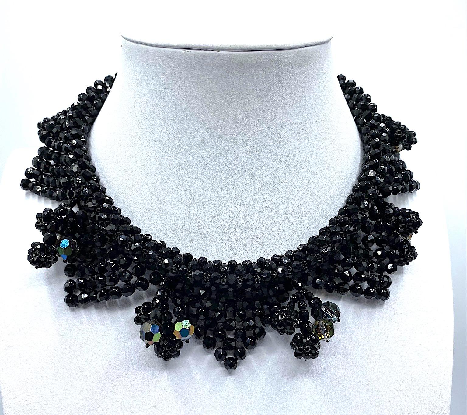 Bijoux Lo.Sa Italian 1950s Black Crystal Bead Woven Necklace 1
