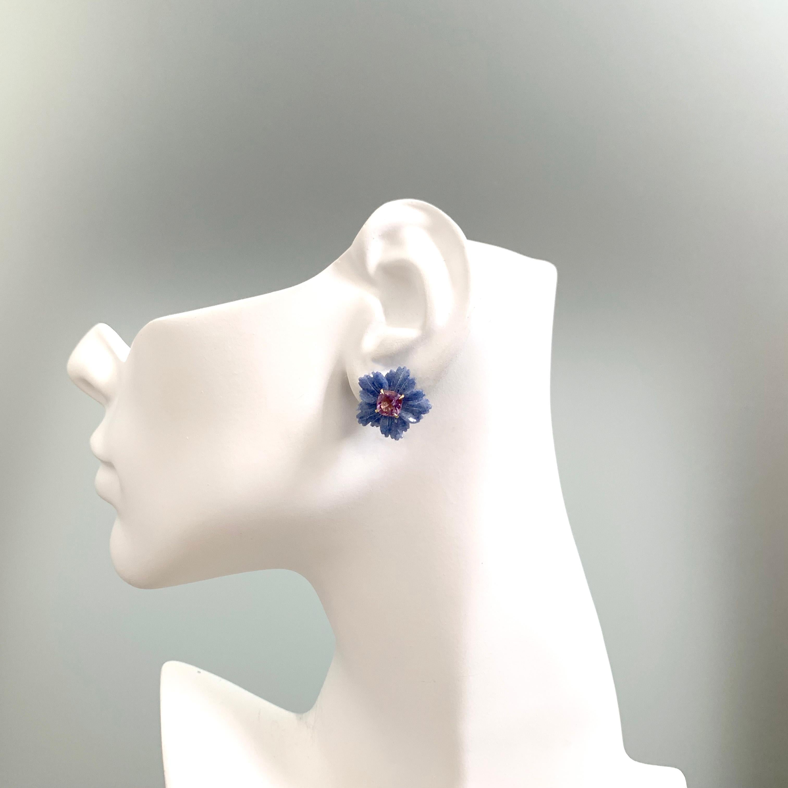 Artisan Bijoux Num 19mm Carved Dumortierite Flower with Cushion-cut Amethyst Earrings