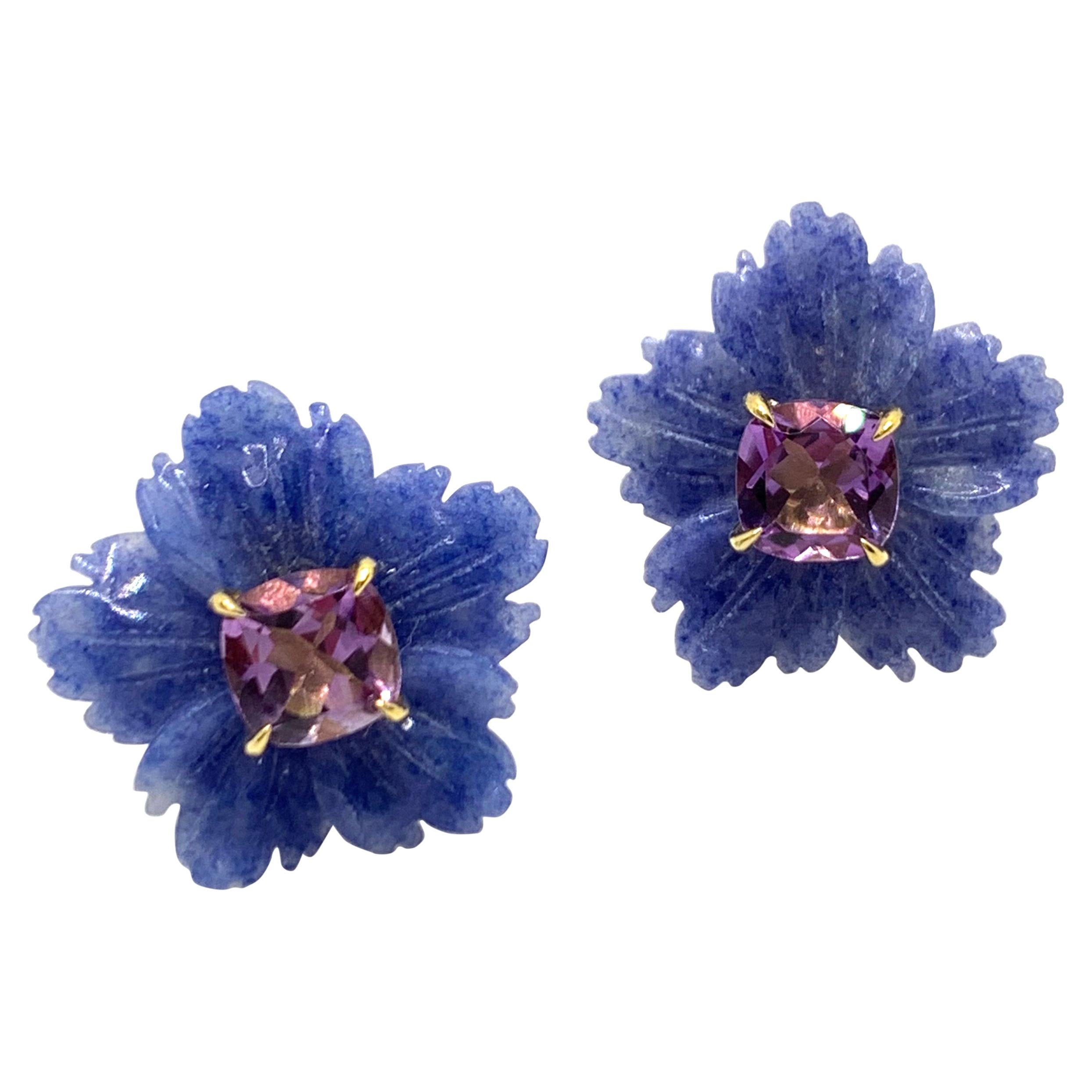 Bijoux Num 19mm Carved Dumortierite Flower with Cushion-cut Amethyst Earrings
