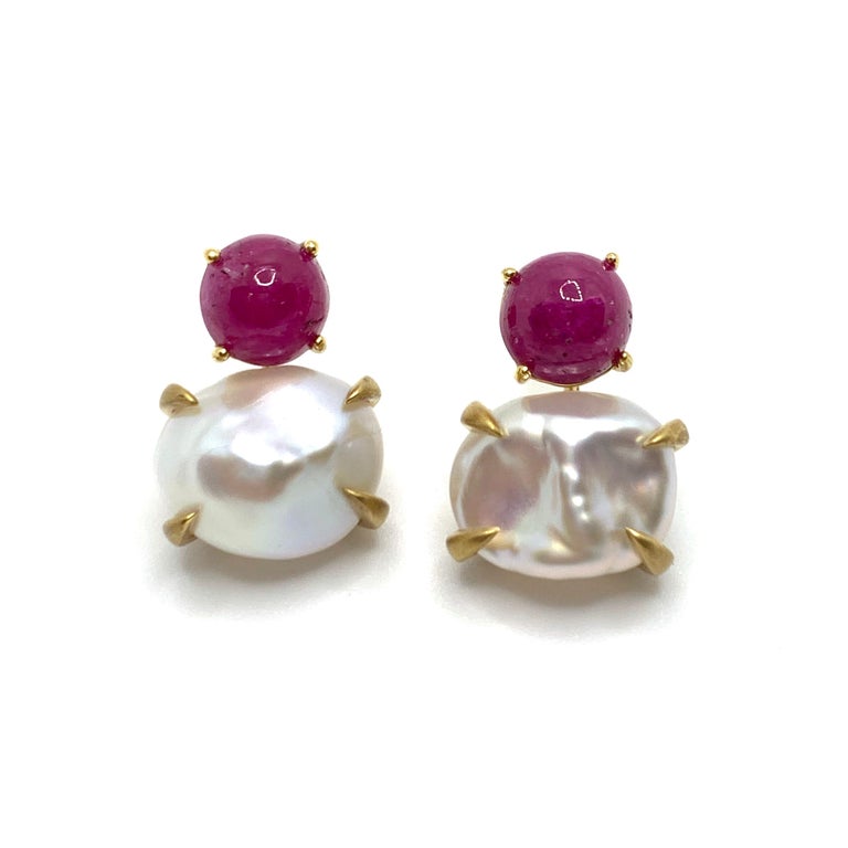 Bijoux Num 1ct Cabochon-cut Ruby and Keishi Pearl Vermeil Drop Earrings at  1stDibs