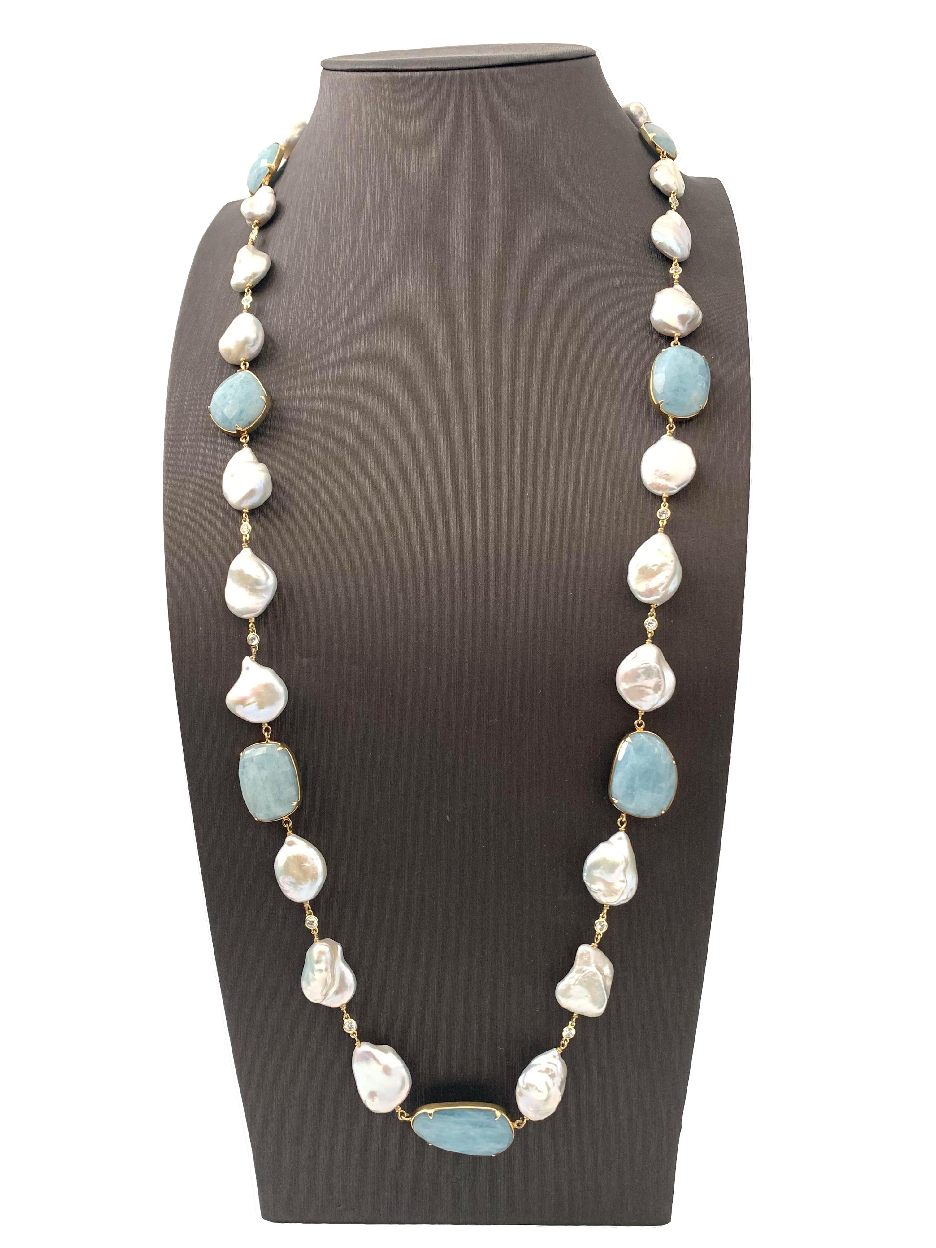 Contemporary Bijoux Num Aquamarine and Baroque Pearl Necklace