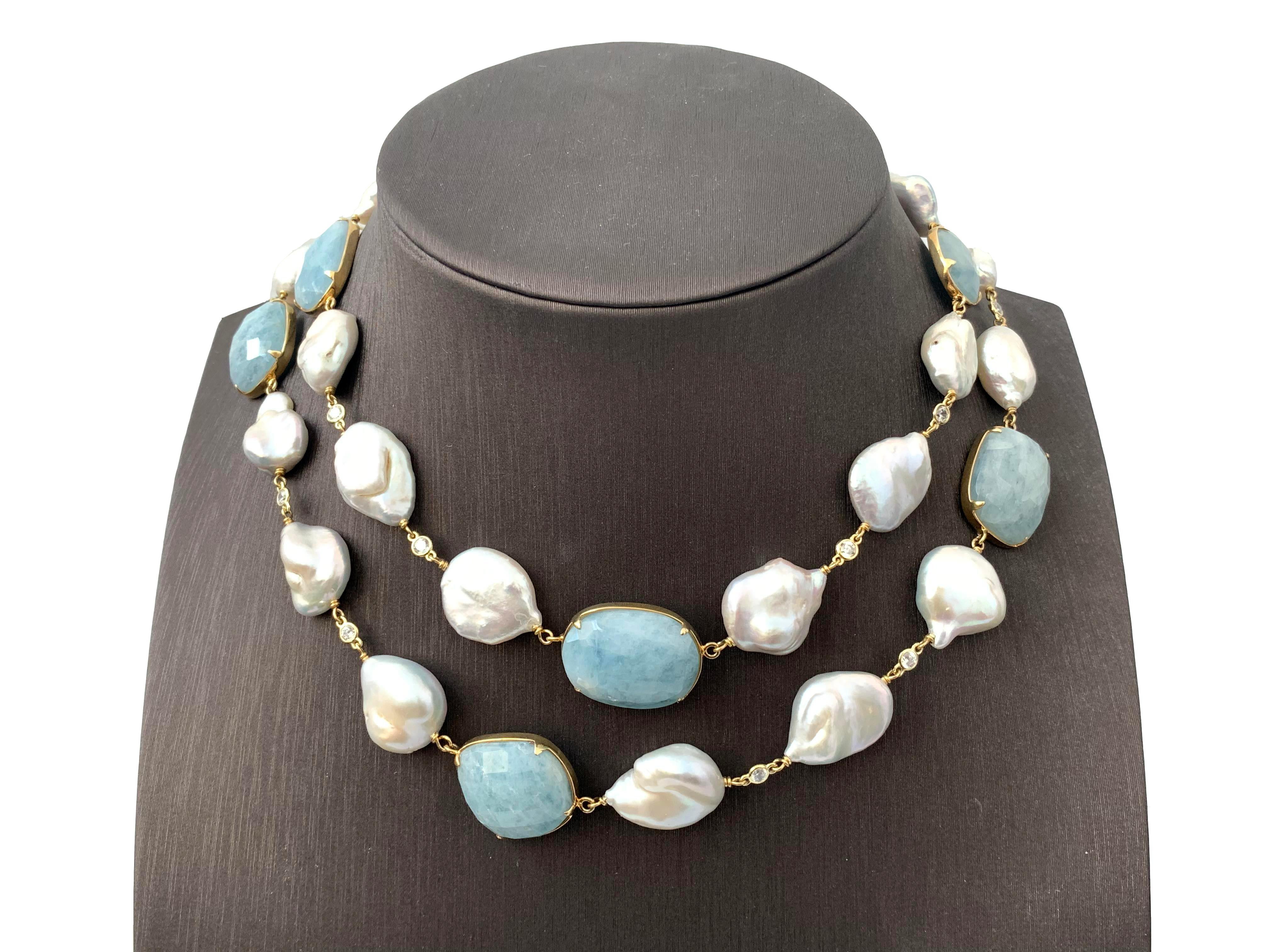 Bijoux Num Aquamarine and Baroque Pearl Necklace In New Condition In Los Angeles, CA