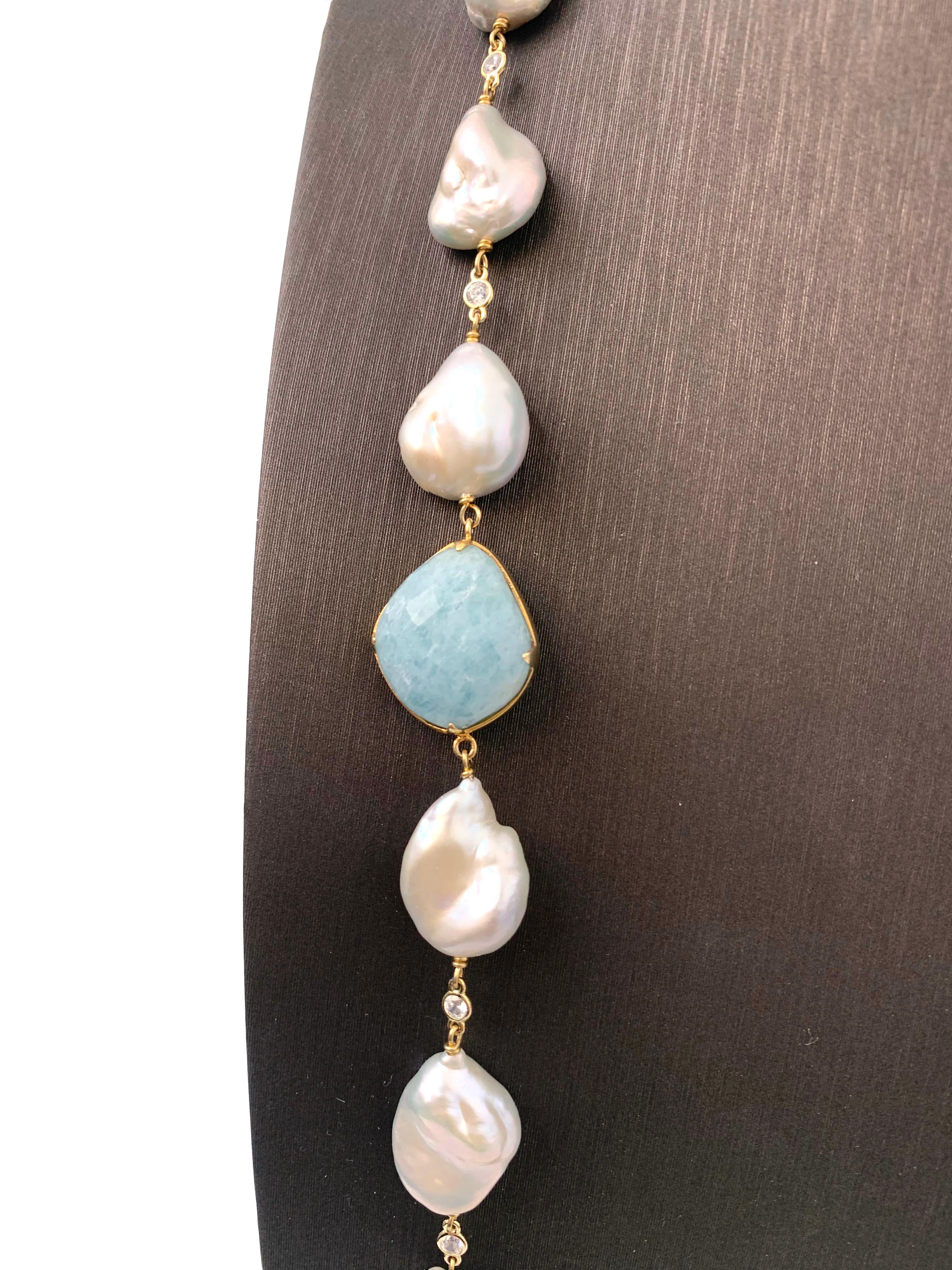 Women's Bijoux Num Aquamarine and Baroque Pearl Necklace