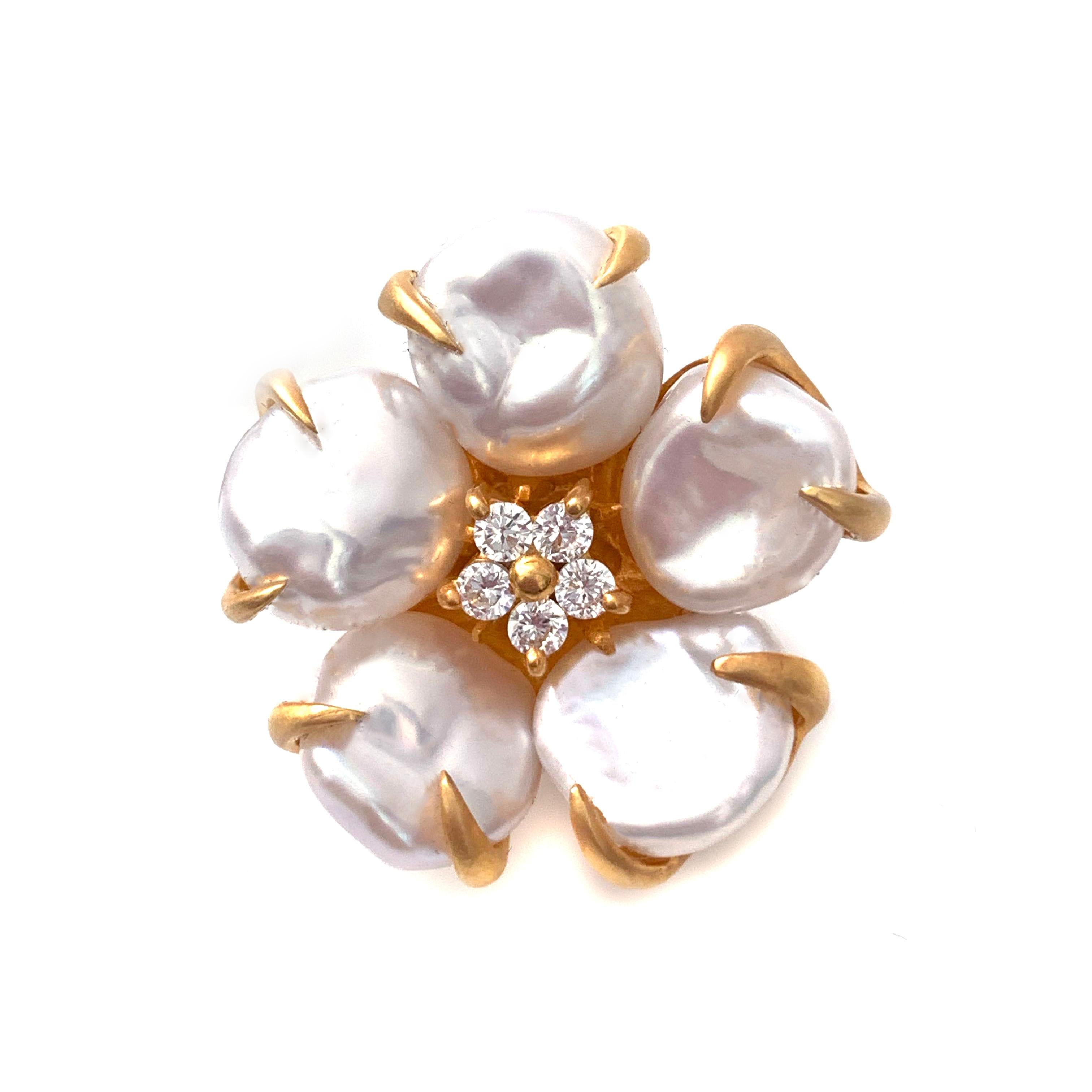Uncut 5-petal Baroque Pearl Blossom Flower Clip on Earrings