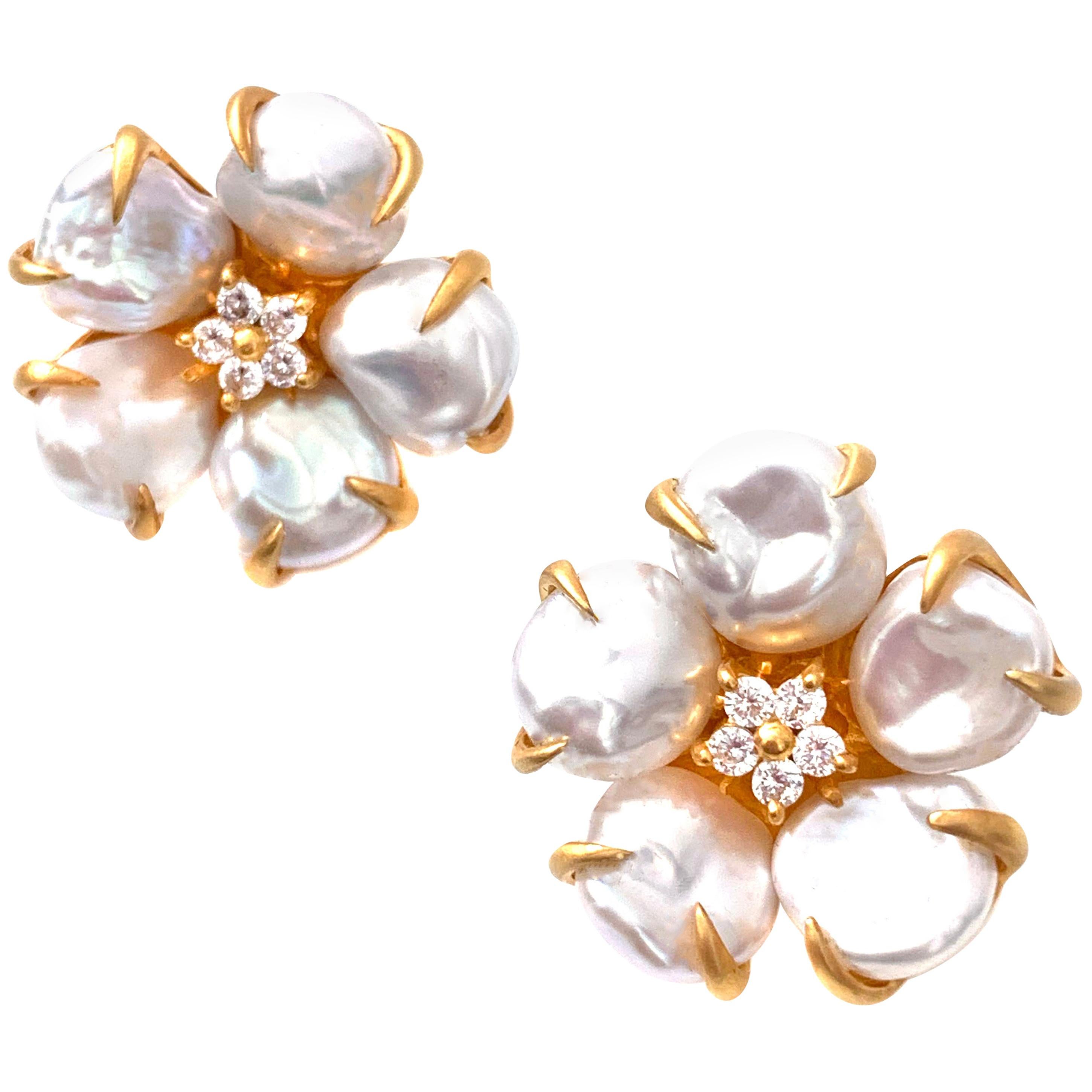 5-petal Baroque Pearl Blossom Flower Clip on Earrings