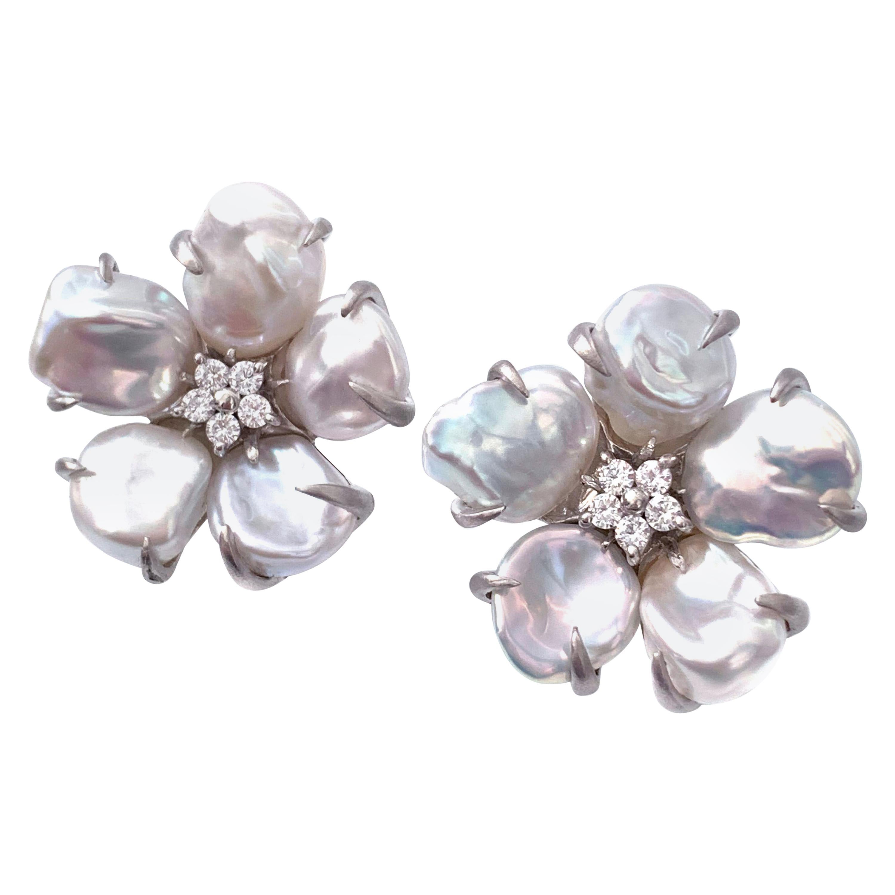 5-petal Baroque Pearl Sterling Silver Blossom Flower Earrings