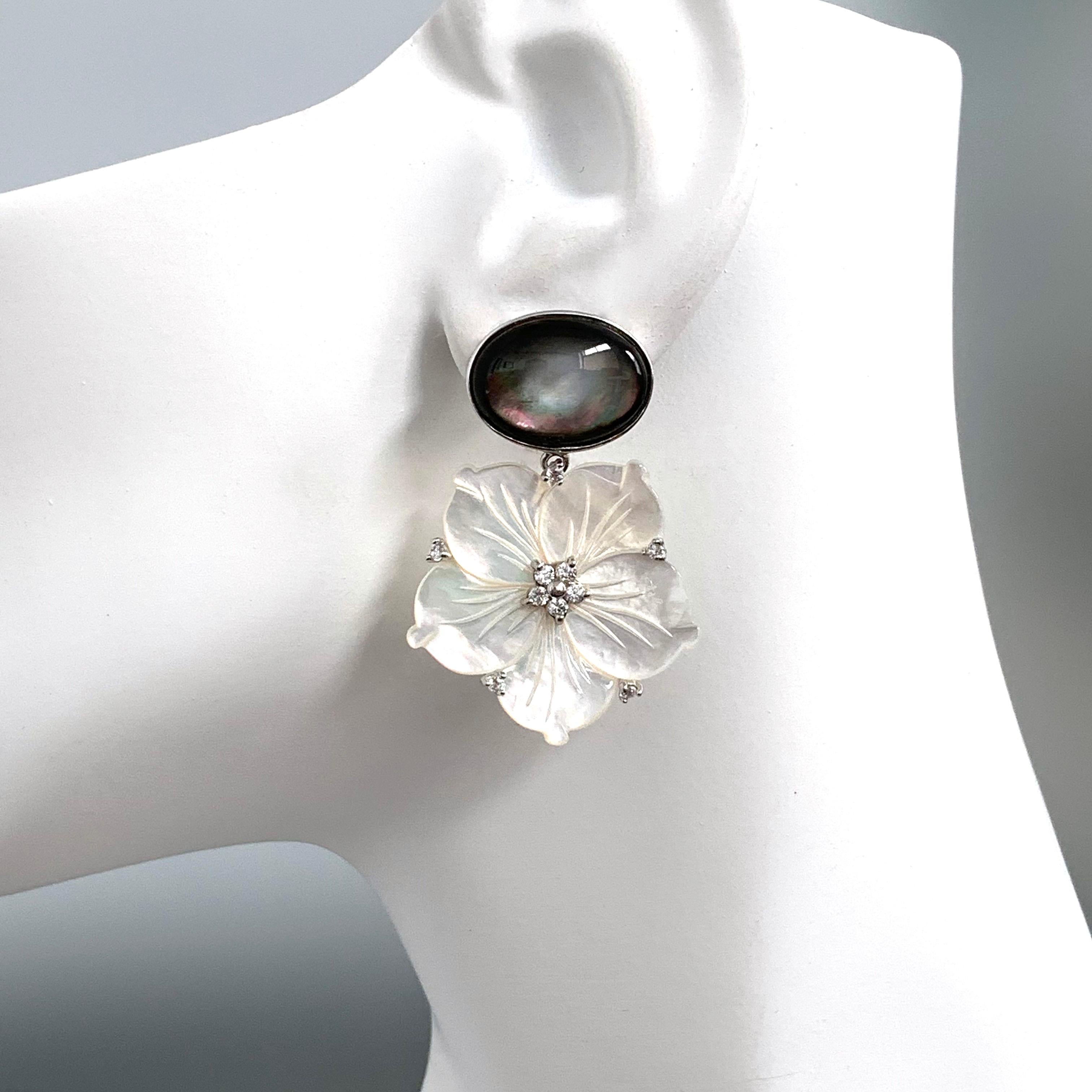 Women's Bijoux Num Black Mother of Pearl and Carved Mother of Pearl Flower Drop Earrings For Sale