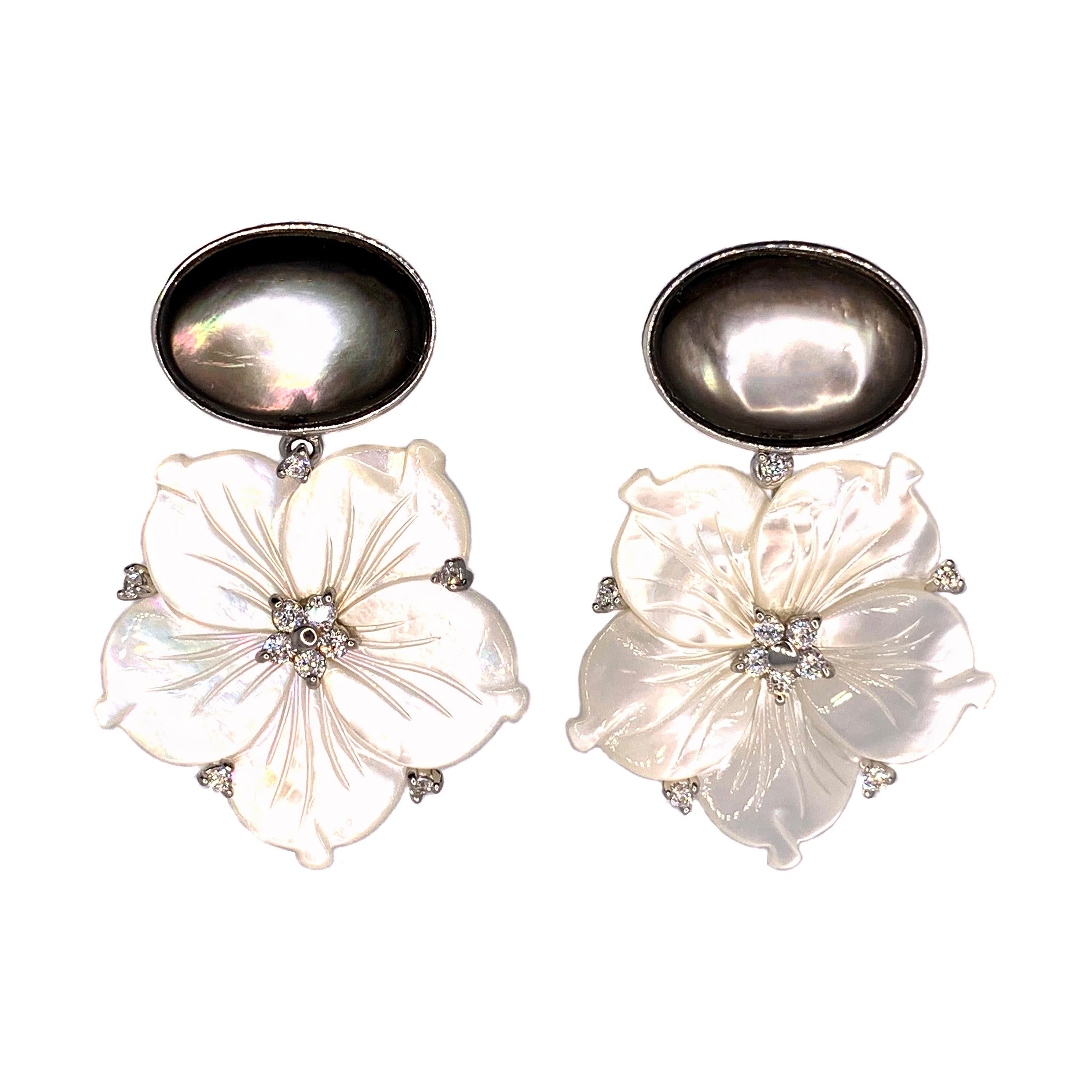 Bijoux Num Black Mother of Pearl and Carved Mother of Pearl Flower Drop Earrings For Sale