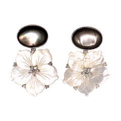 Used Bijoux Num Black Mother of Pearl and Carved Mother of Pearl Flower Drop Earrings