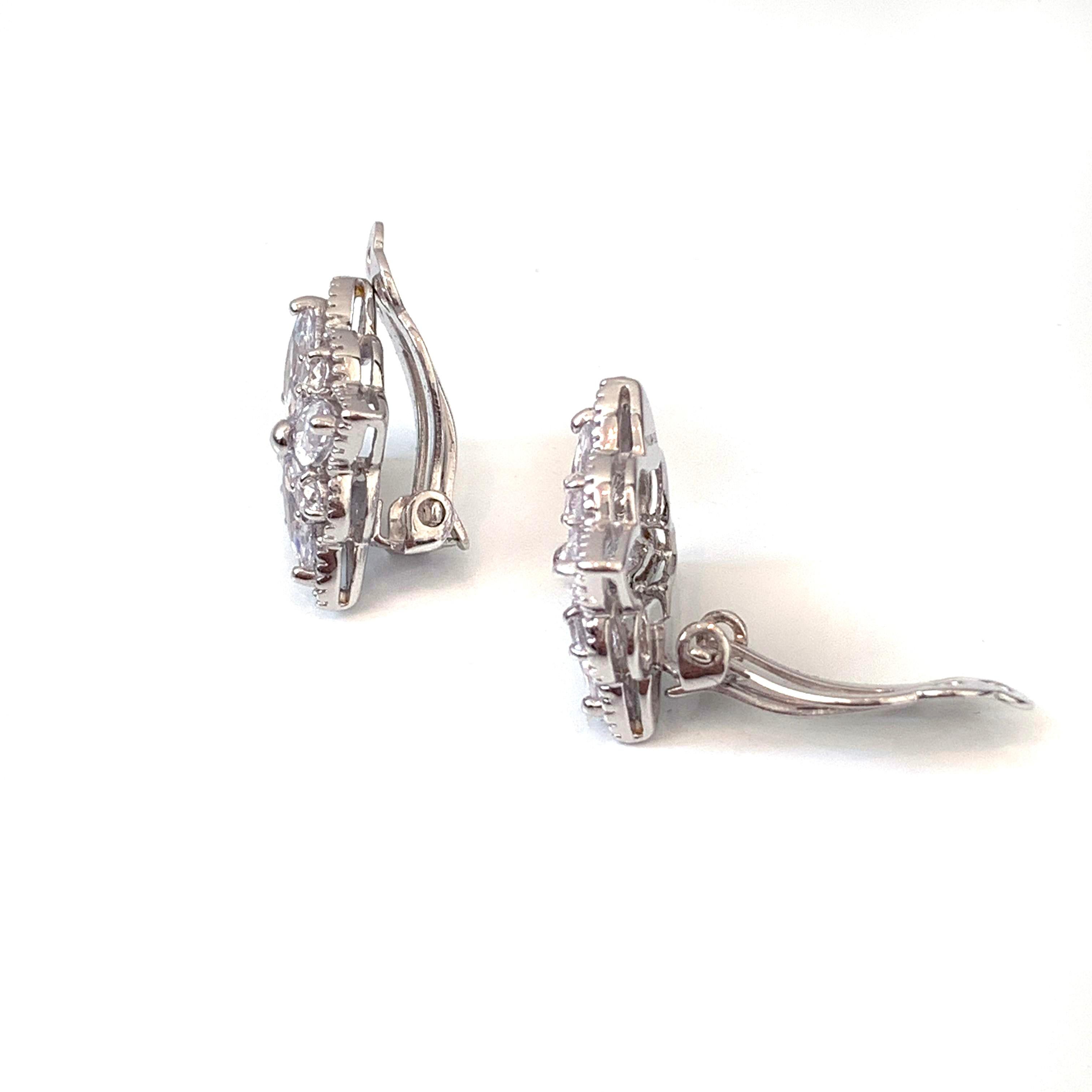 Contemporary Bijoux Num Byzantine Flower Faux Diamond Sterling Silver Clip-on Earrings For Sale