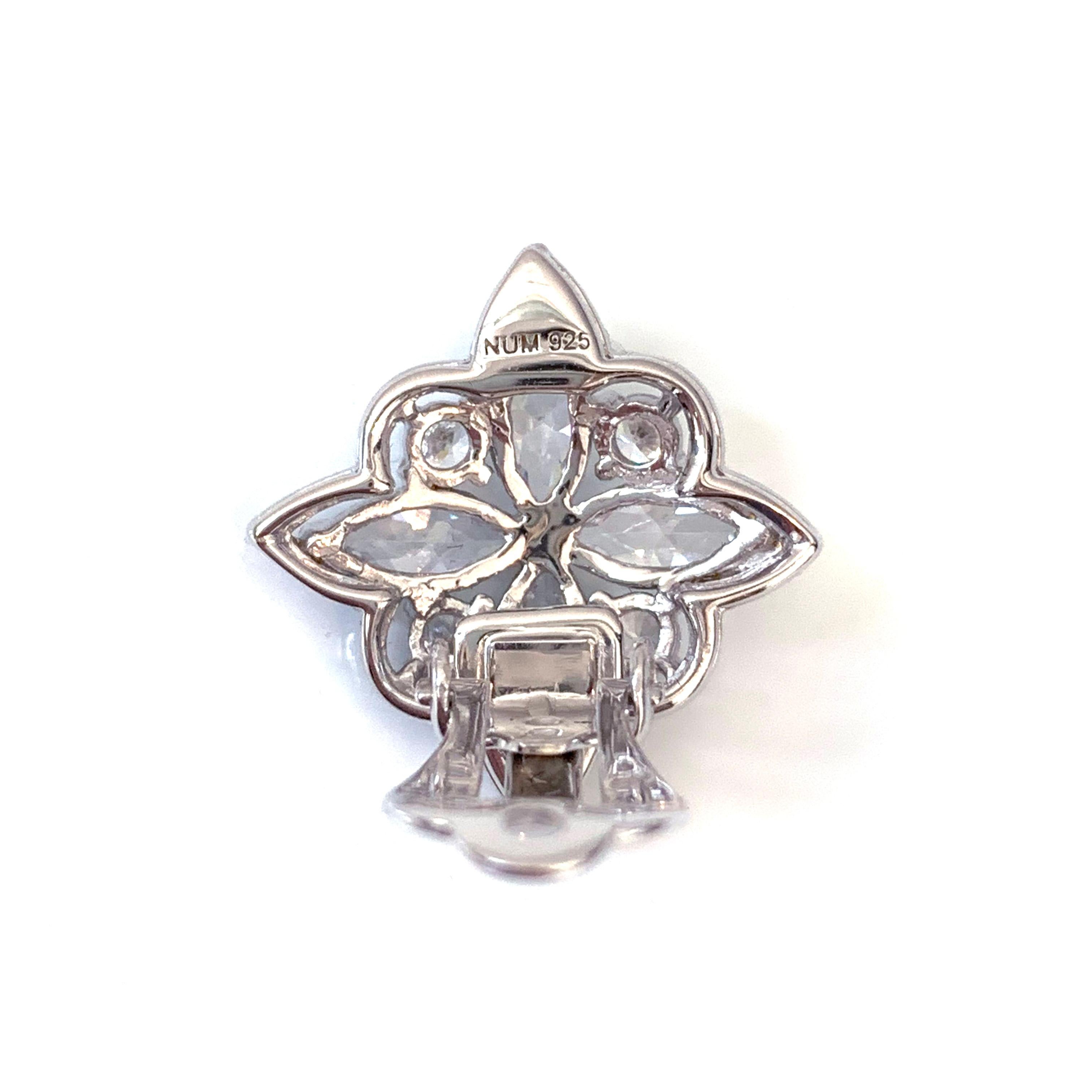 Bijoux Num Byzantine Flower Faux Diamond Sterling Silver Clip-on Earrings For Sale 1