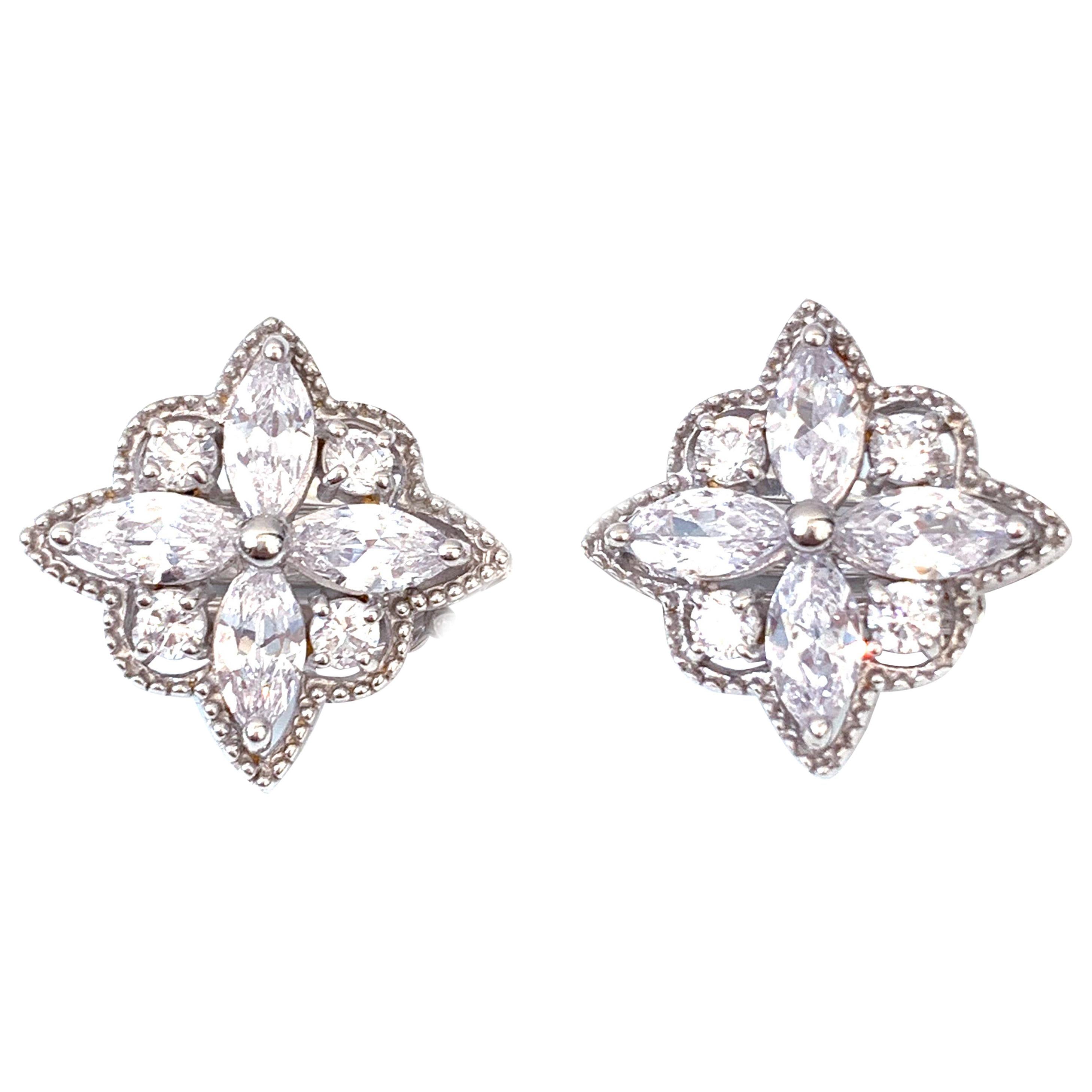 Bijoux Num Byzantine Flower Faux Diamond Sterling Silver Clip-on Earrings For Sale