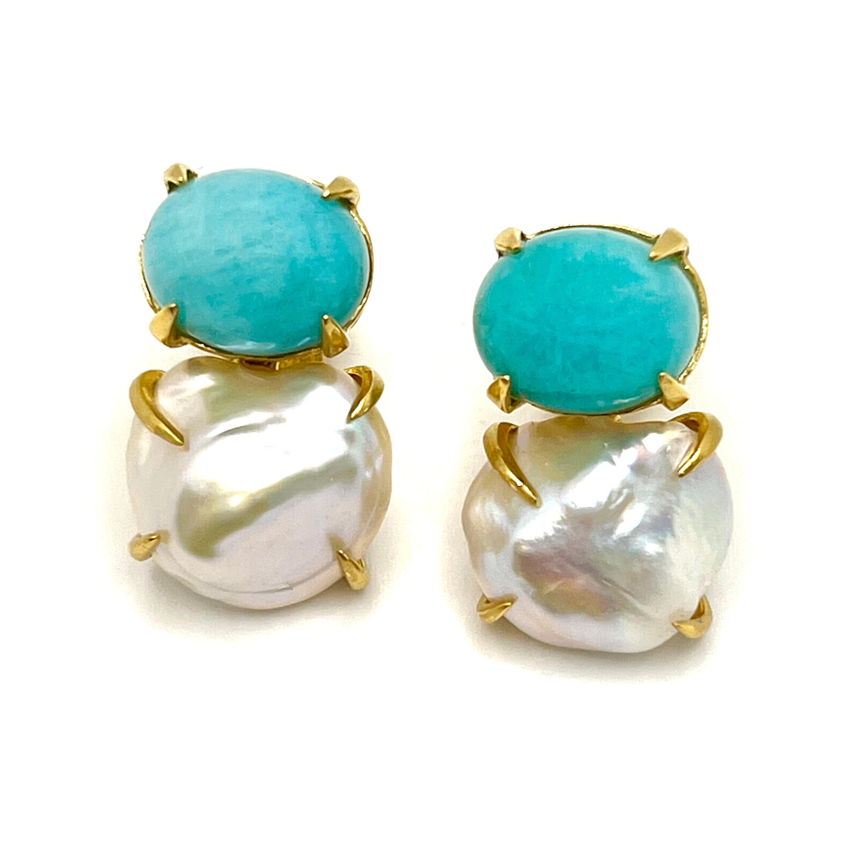 Bijoux Num Oval Cabochon Amazonite and Keishi Pearl Vermeil Earrings. 

The stunning pair of earrings feature beautiful genuine oval cabochon-cut turquoise-like amazonite and lustrous cultured Japanese Keishi pearl, handset in 18k gold vermeil over