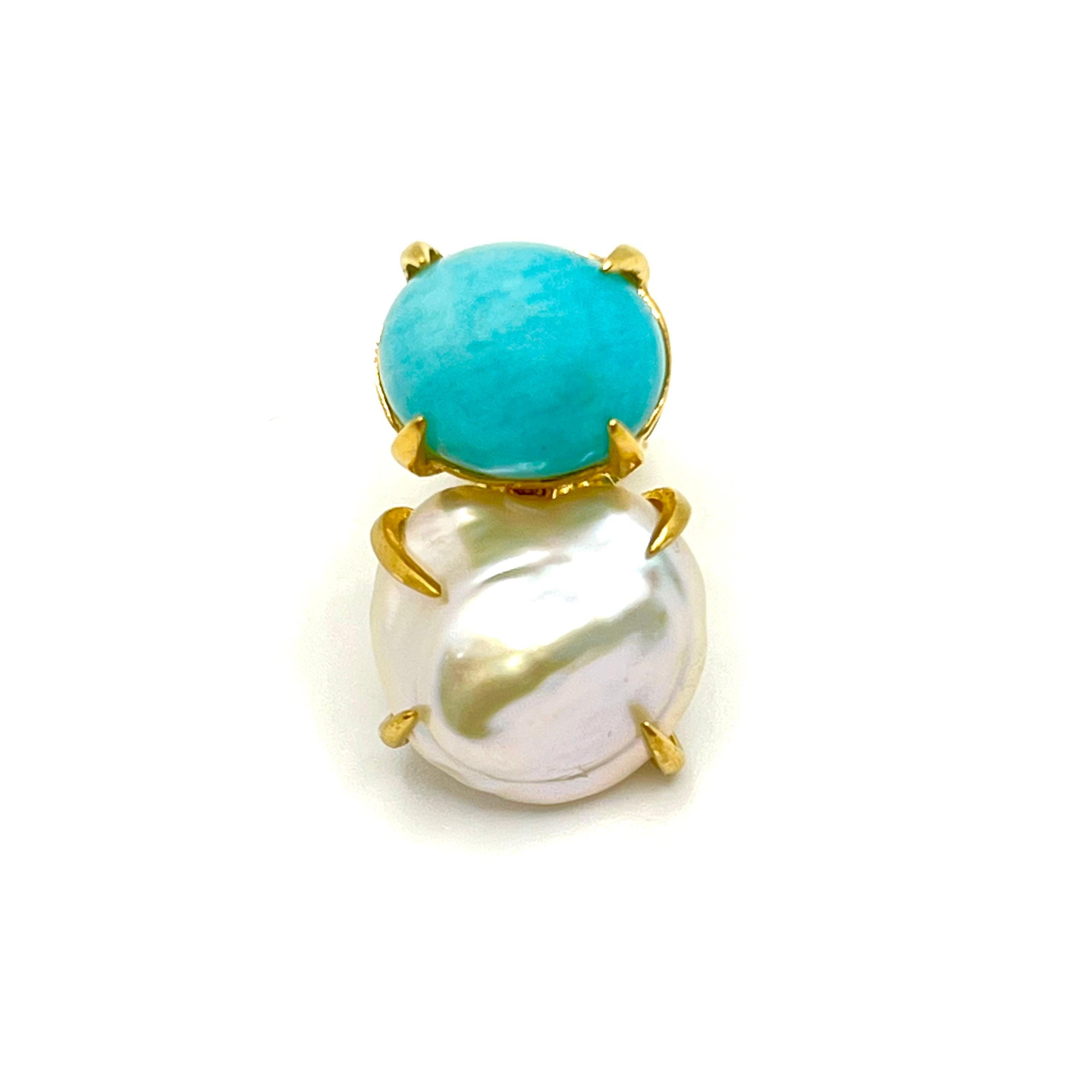 Women's Bijoux Num Cabochon Amazonite and Keishi Pearl Vermeil Earrings For Sale