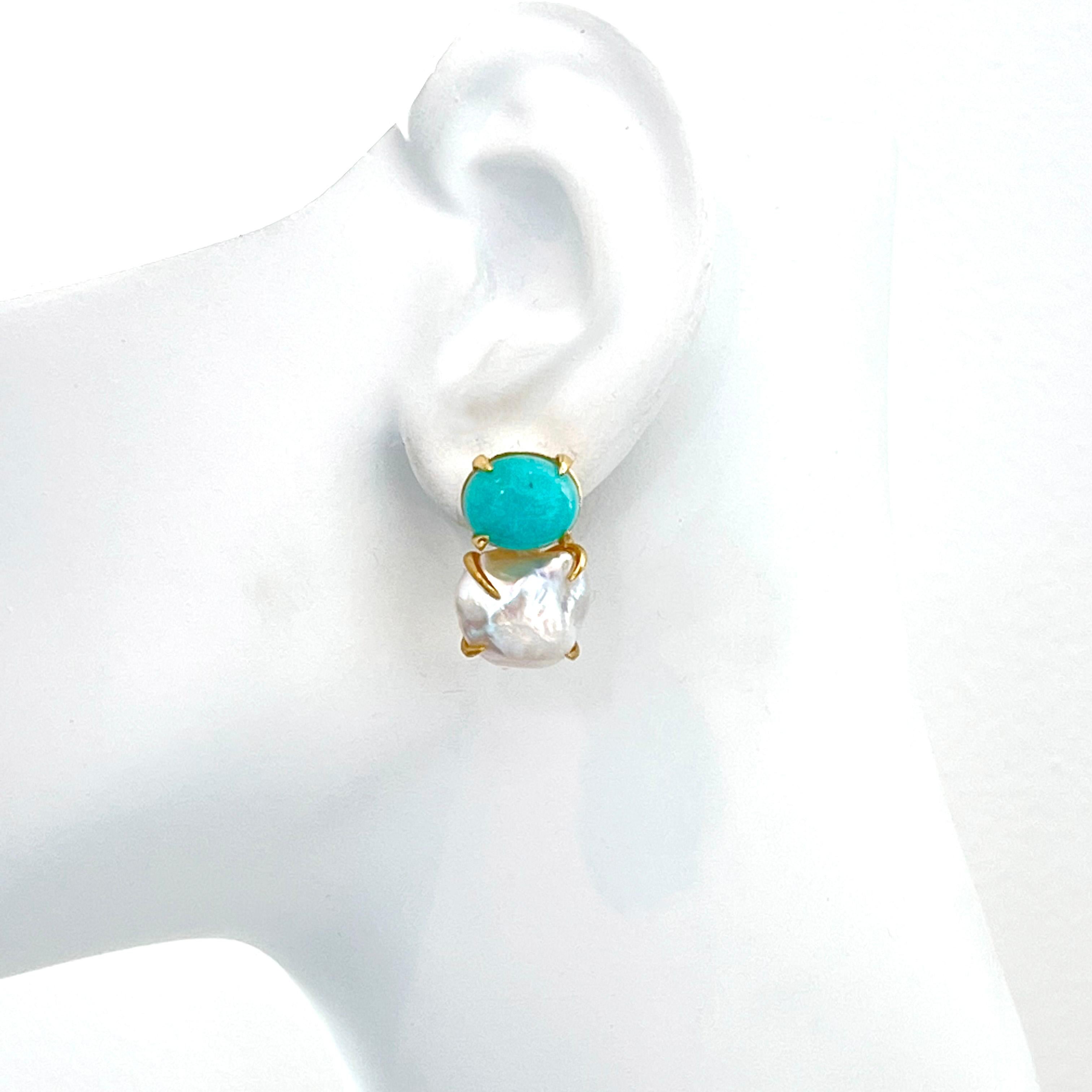 Bijoux Num Cabochon Amazonite and Keishi Pearl Vermeil Earrings For Sale 1