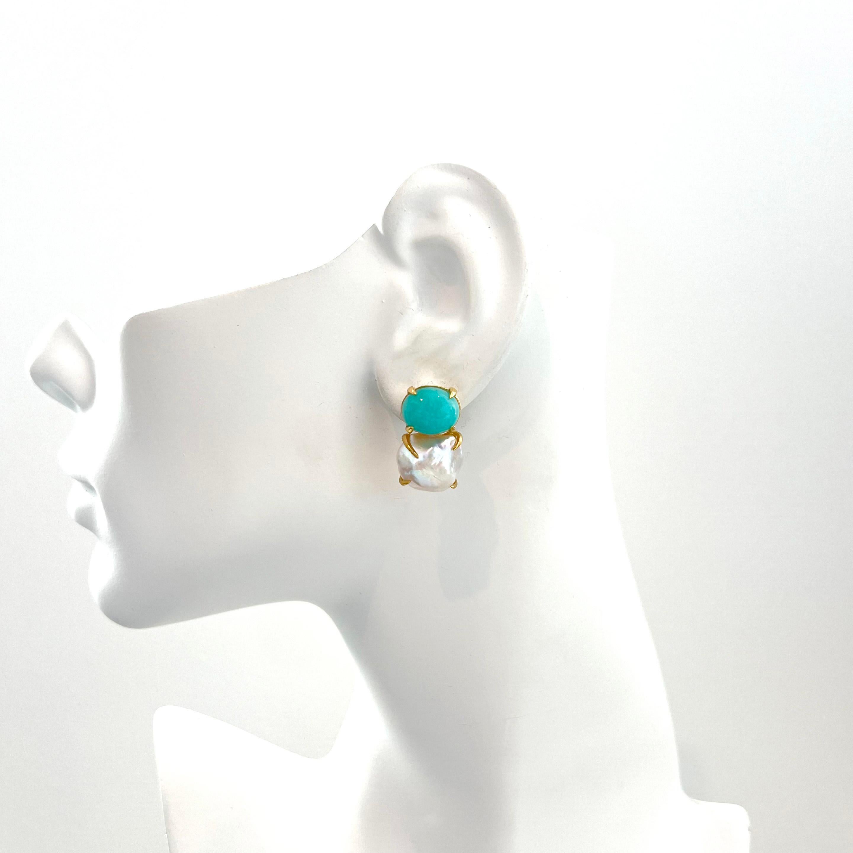 Bijoux Num Cabochon Amazonite and Keishi Pearl Vermeil Earrings For Sale 2